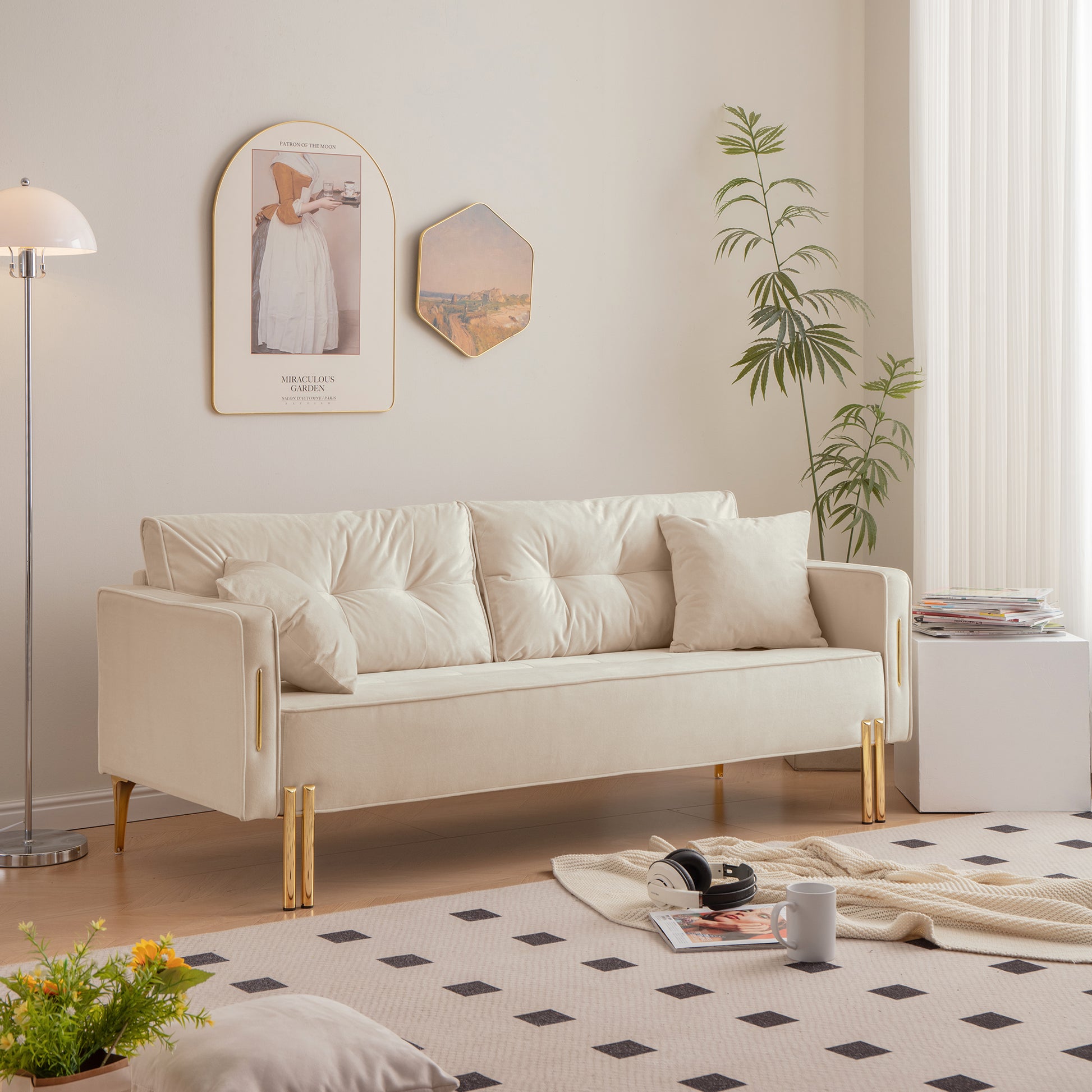 70" Velvet Sofa Couch Luxury Modern Upholstered 3 Seater Sofa With 2 Pillows For Living Room, Apartment And Small Space Beige Modern Foam Velvet 3 Seat