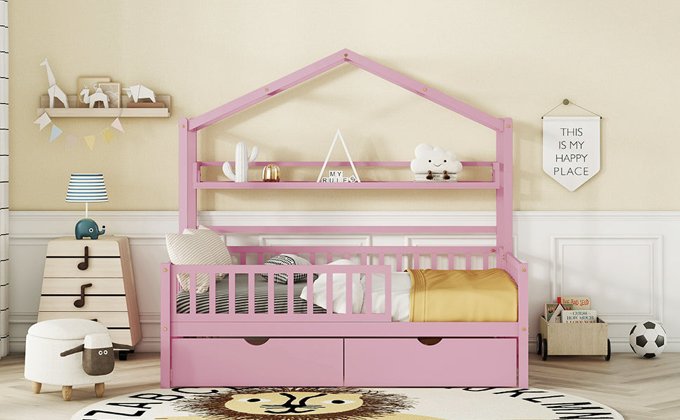 Wooden Full Size House Bed With 2 Drawers,Kids Bed With Storage Shelf, Pink Pink Wood