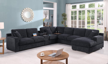 Celine 141.5" Dark Gray Chenille Fabric Corner Sectional Sofa With Right Facing Chaise, Cupholders, And Charging Ports Dark Gray Chenille