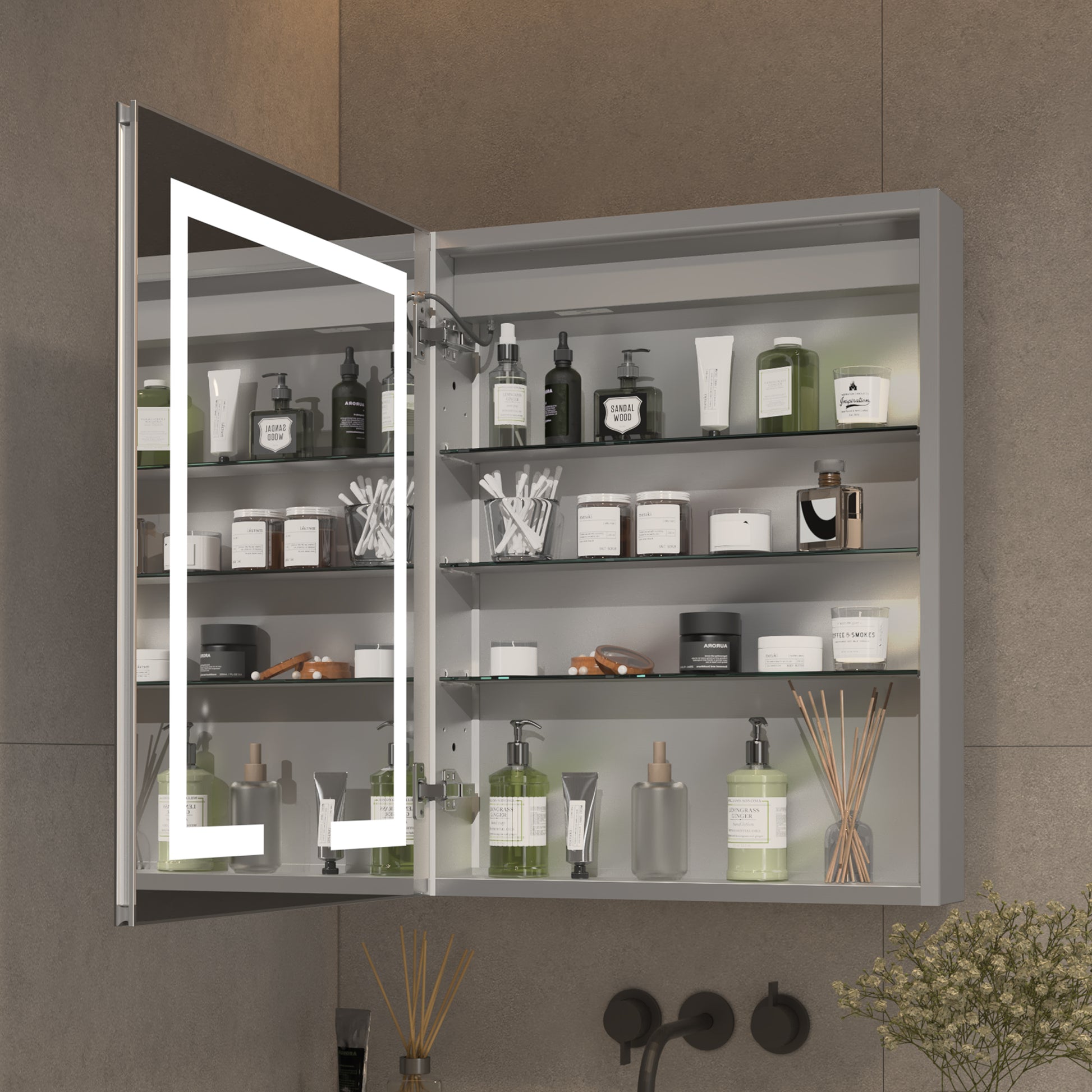 Lighted Medicine Cabinet 24 X 30 Inch, Recessed Or Surface Led Medicine Cabinet,Defog,Stepless Dimming,3000K 6400K, Outlets & Usbs,Hinge On The Left. Silver Aluminium