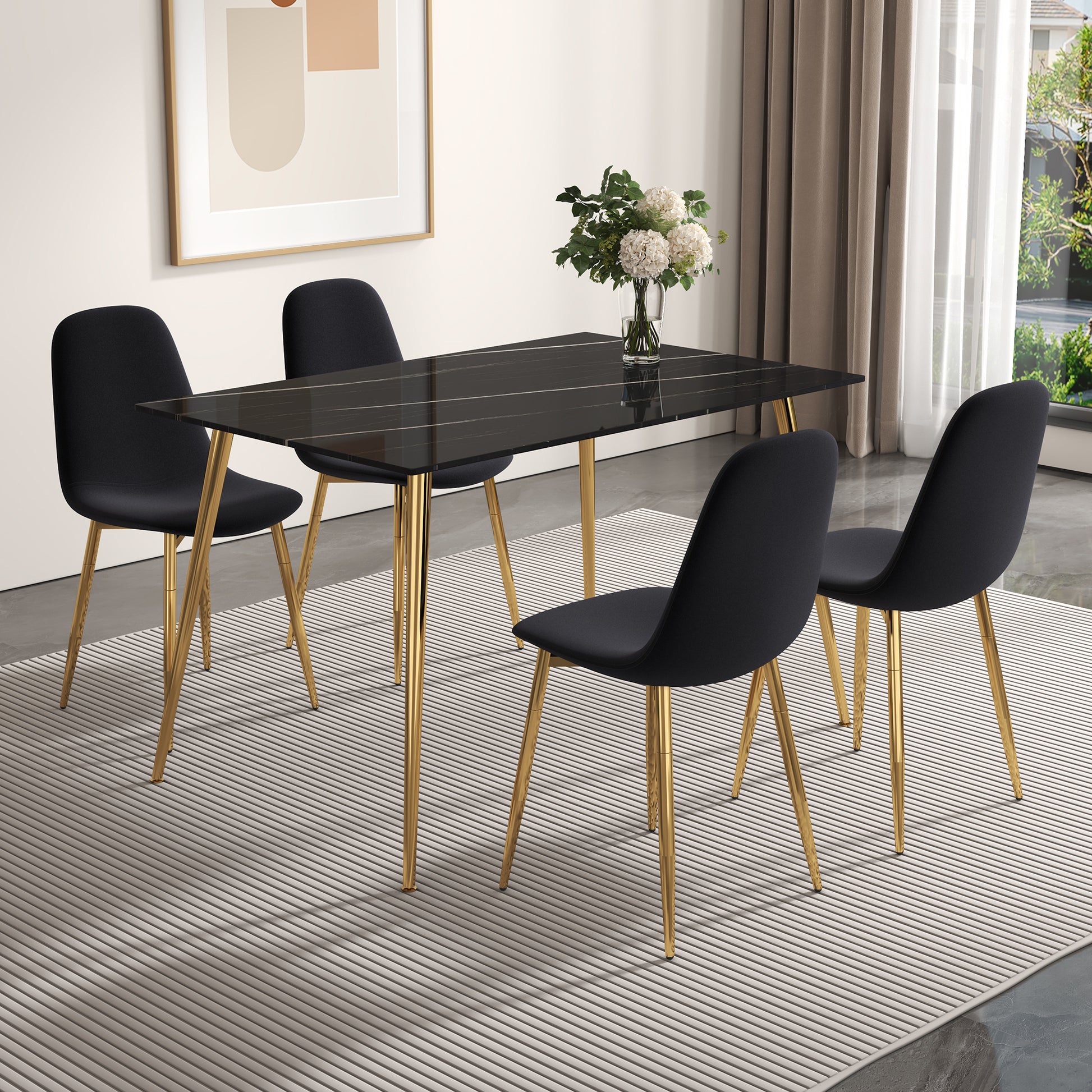 A Set Of 4 Dining Chairs And A Dining Table, Featuring Modern Medieval Style Restaurant Cushioned Side Chairs, Equipped With Soft Velvet Fabric Cushions And Spoon Shaped Golden Metal Legs. B0501A Black Velvet