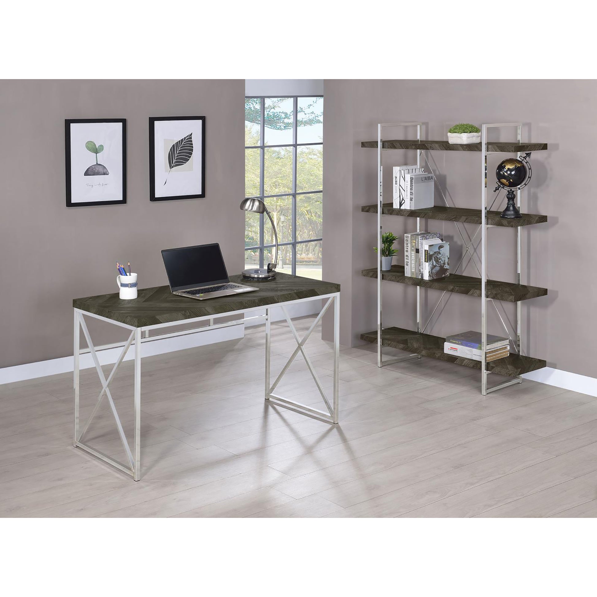 Rustic Grey Herringbone And Chrome Writing Desk Grey Writting Desk Office Contemporary,Modern Tabeltop Rectangular Desk Polished Wood