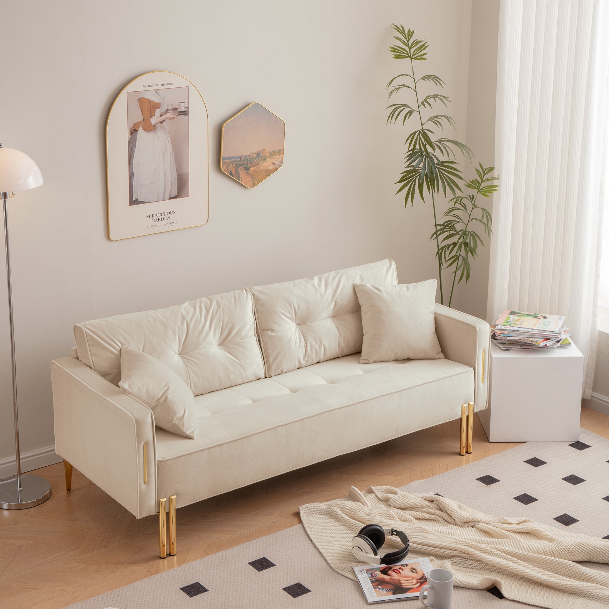 70" Velvet Sofa Couch Luxury Modern Upholstered 3 Seater Sofa With 2 Pillows For Living Room, Apartment And Small Space Beige Modern Foam Velvet 3 Seat