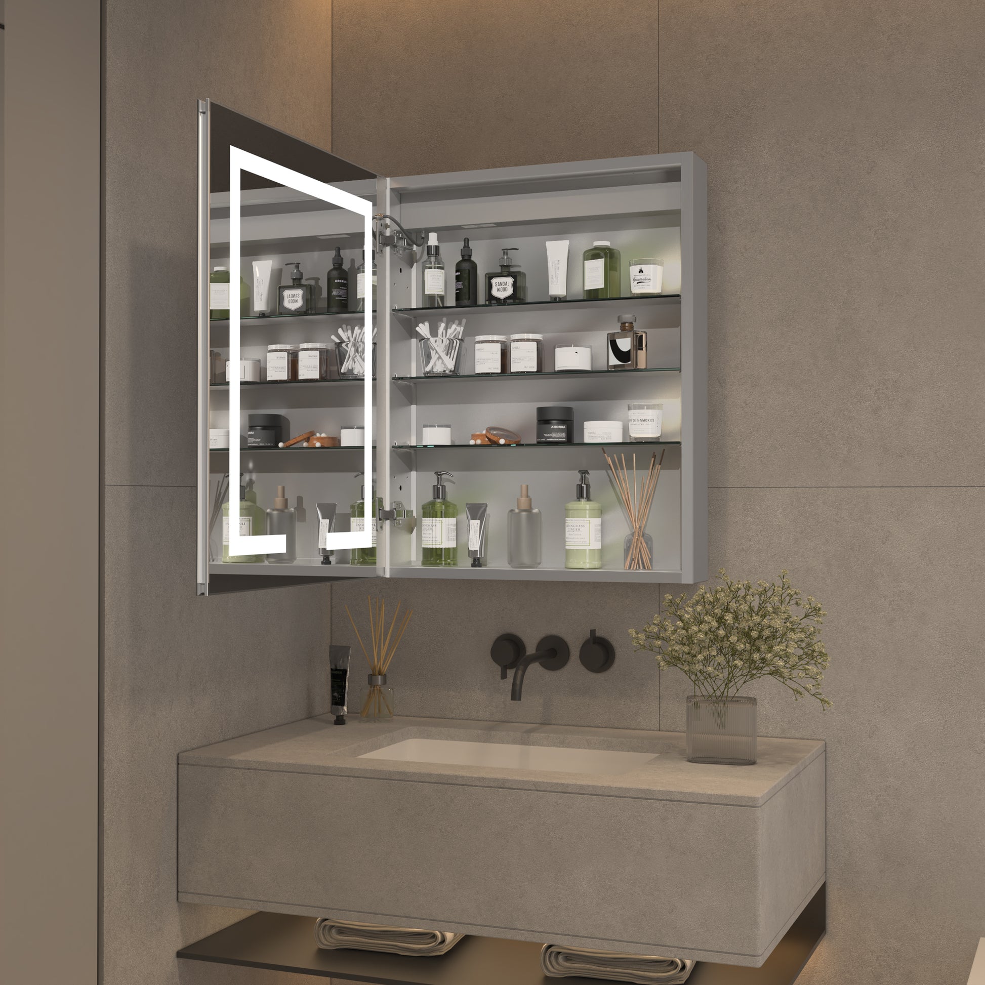 Lighted Medicine Cabinet 24 X 30 Inch, Recessed Or Surface Led Medicine Cabinet,Defog,Stepless Dimming,3000K 6400K, Outlets & Usbs,Hinge On The Left. Silver Aluminium