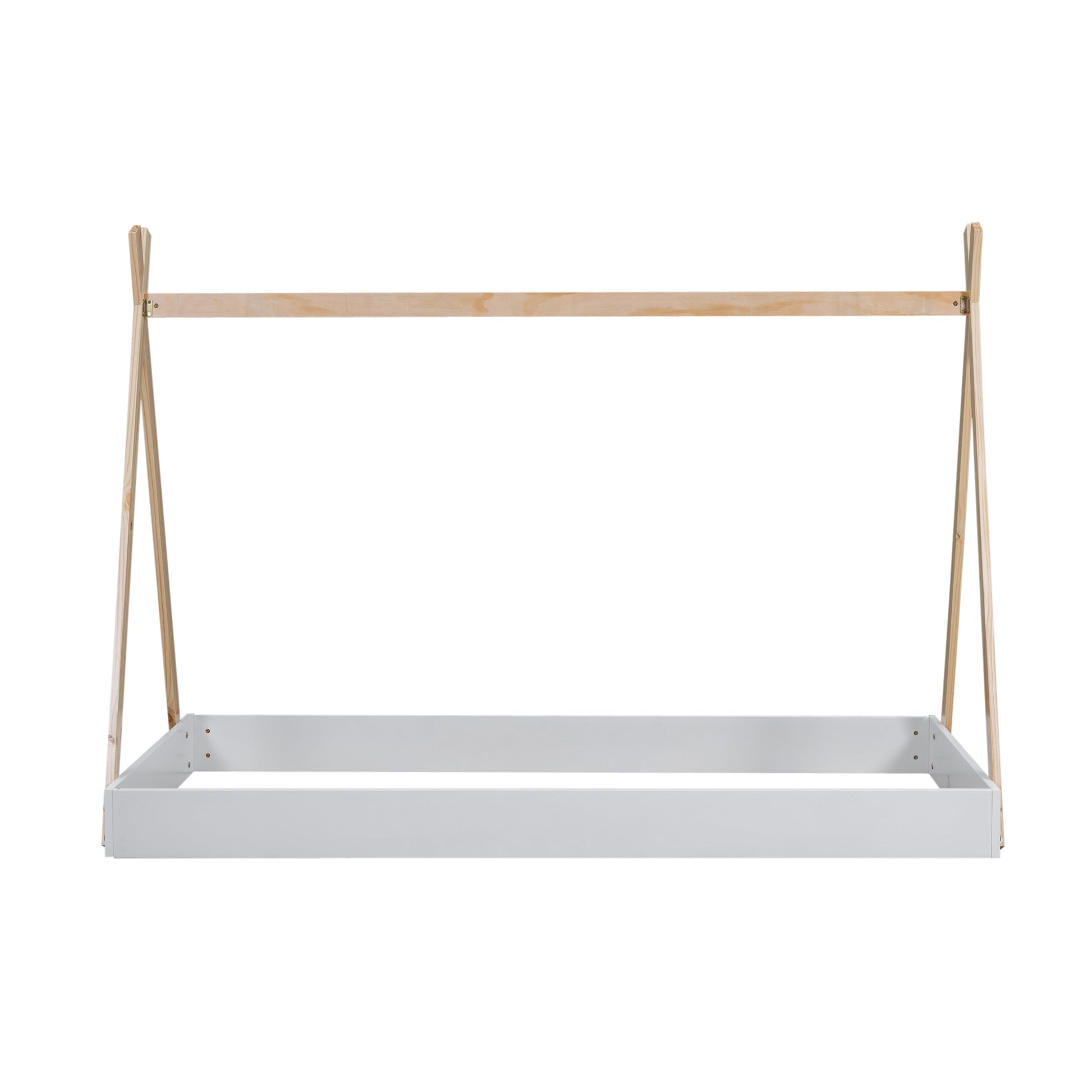 Twin Size Tent Floor Bed With Triangle Structure, White Natural Twin Box Spring Not Required White Natural Wood Wood