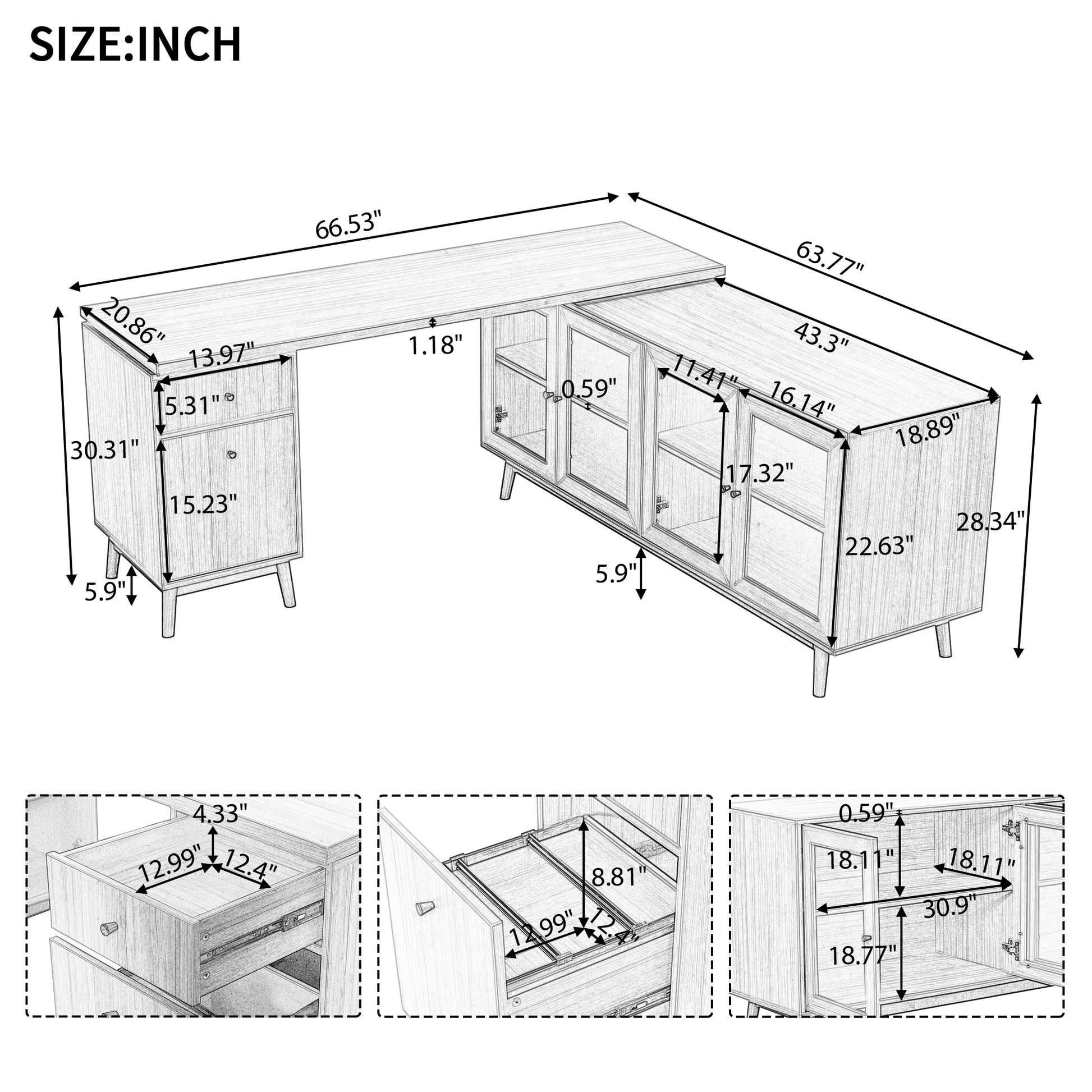 66.5" Modern L Shaped Executive Desk With Delicate Tempered Glass Cabinet Storage,Large Office Desk With Drawers,Business Furniture Desk Workstation For Home Office,Teak Teak Mdf