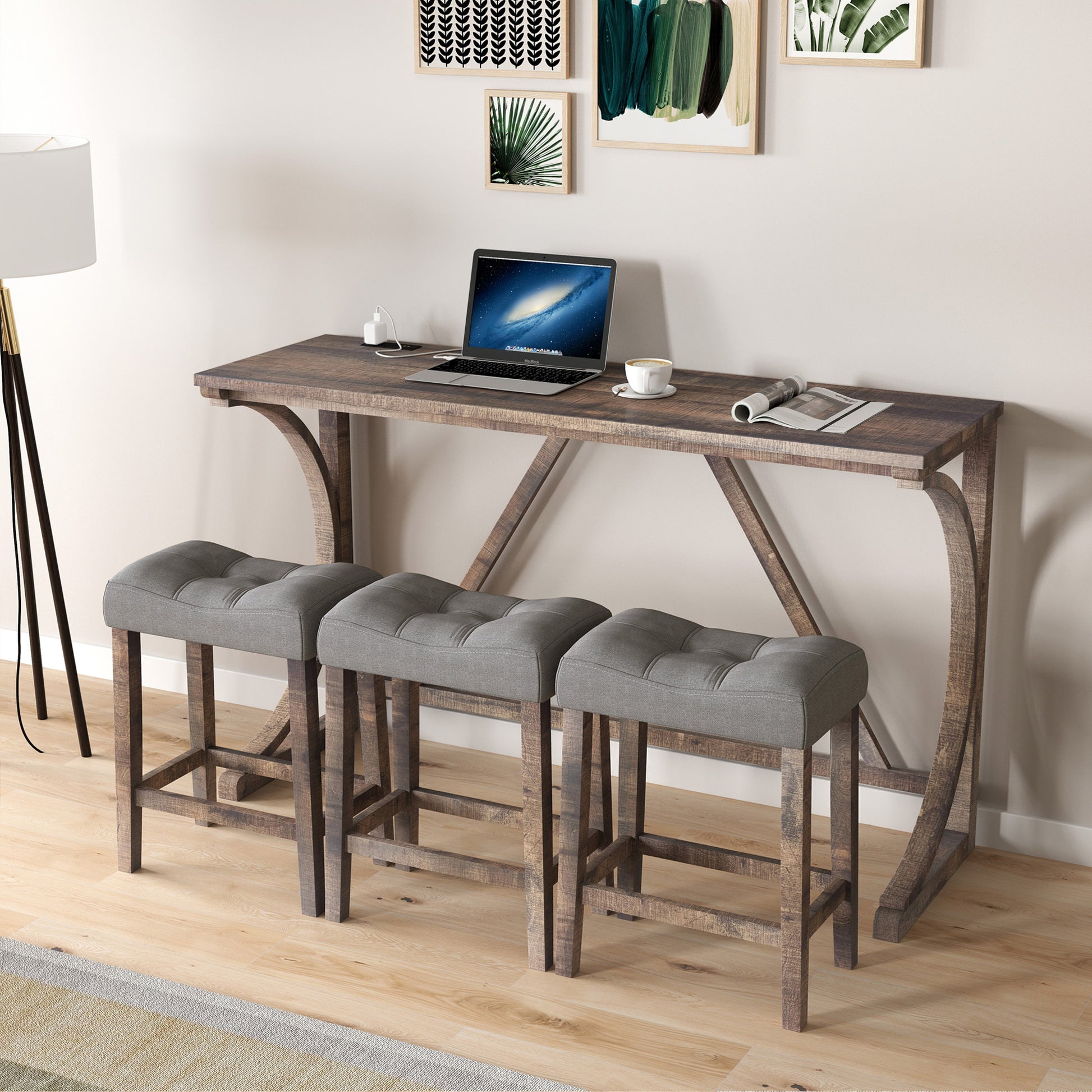 Bar Table Set With Power Outlet, Bar Table And Chairs Set, 4 Piece Dining Table Set, Industrial Breakfast Table Set, For Living Room, Dining Room, Game Room Brown Yellow Solid Wood Mdf