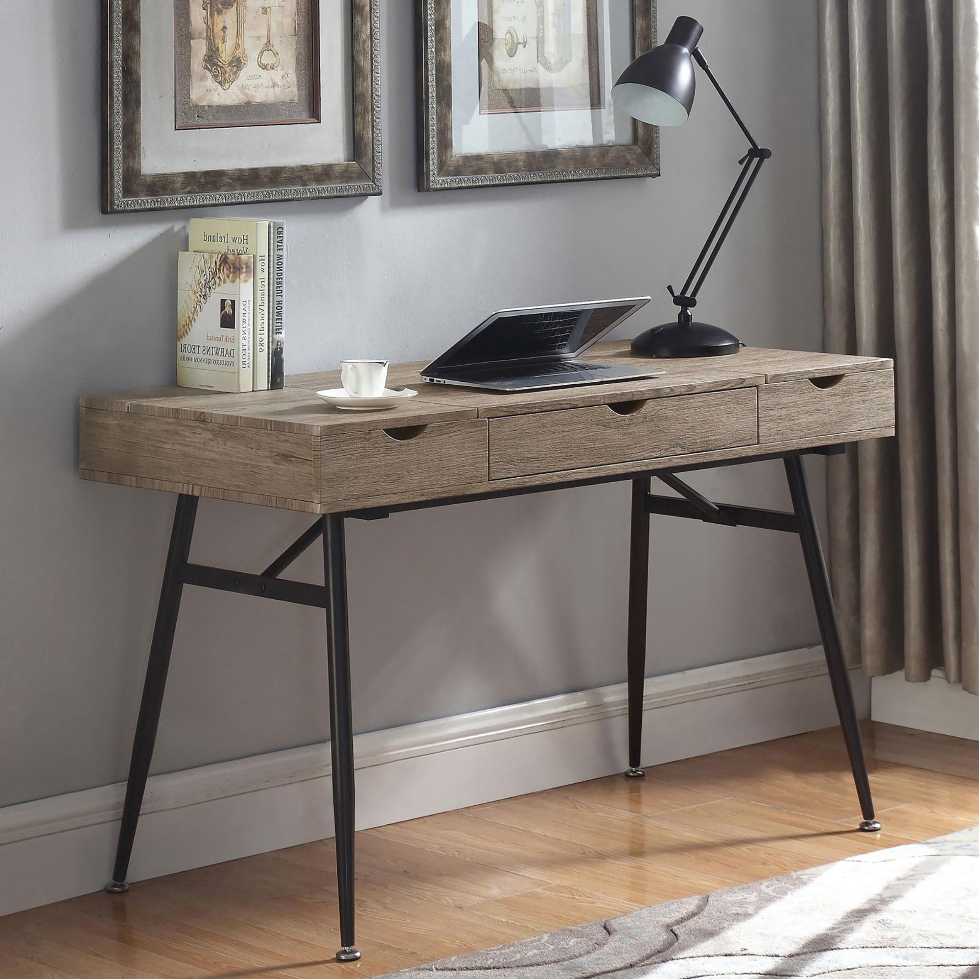 Rustic Driftwood And Dark Bronze 1 Drawer Writing Desk Brown Writting Desk Office Industrial Rectangular Drawers Desk Wood