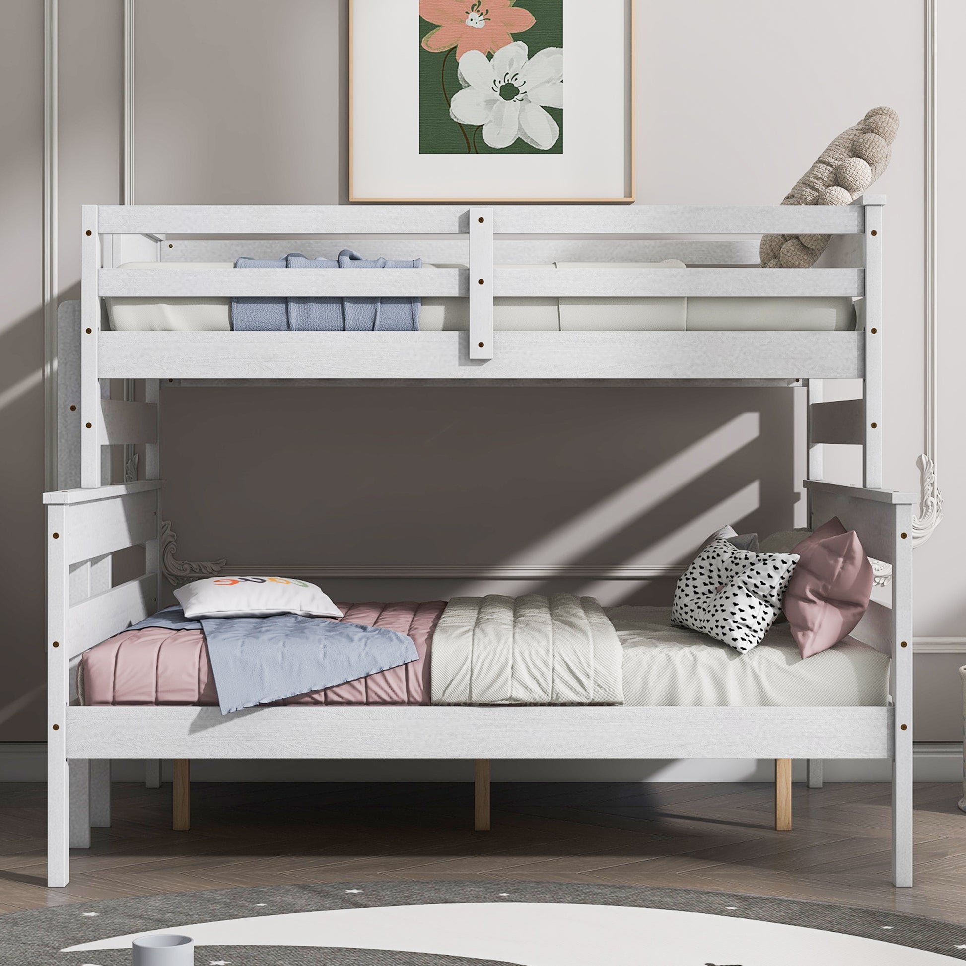 Wood Twin Over Full Bunk Bed With Ladder, White Twin Box Spring Not Required White Solid Wood Mdf