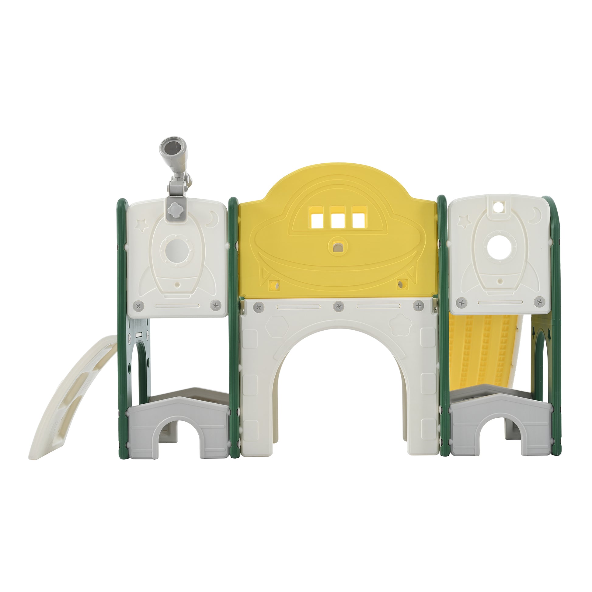 Kids Slide Playset Structure 9 In 1, Freestanding Space Set With Slide, Arch Tunnel, Ring Toss, Drawing Whiteboardl And Basketball Hoop For Toddlers, Kids Climbers Playground Yellow Hdpe Indoor & Outdoor Use