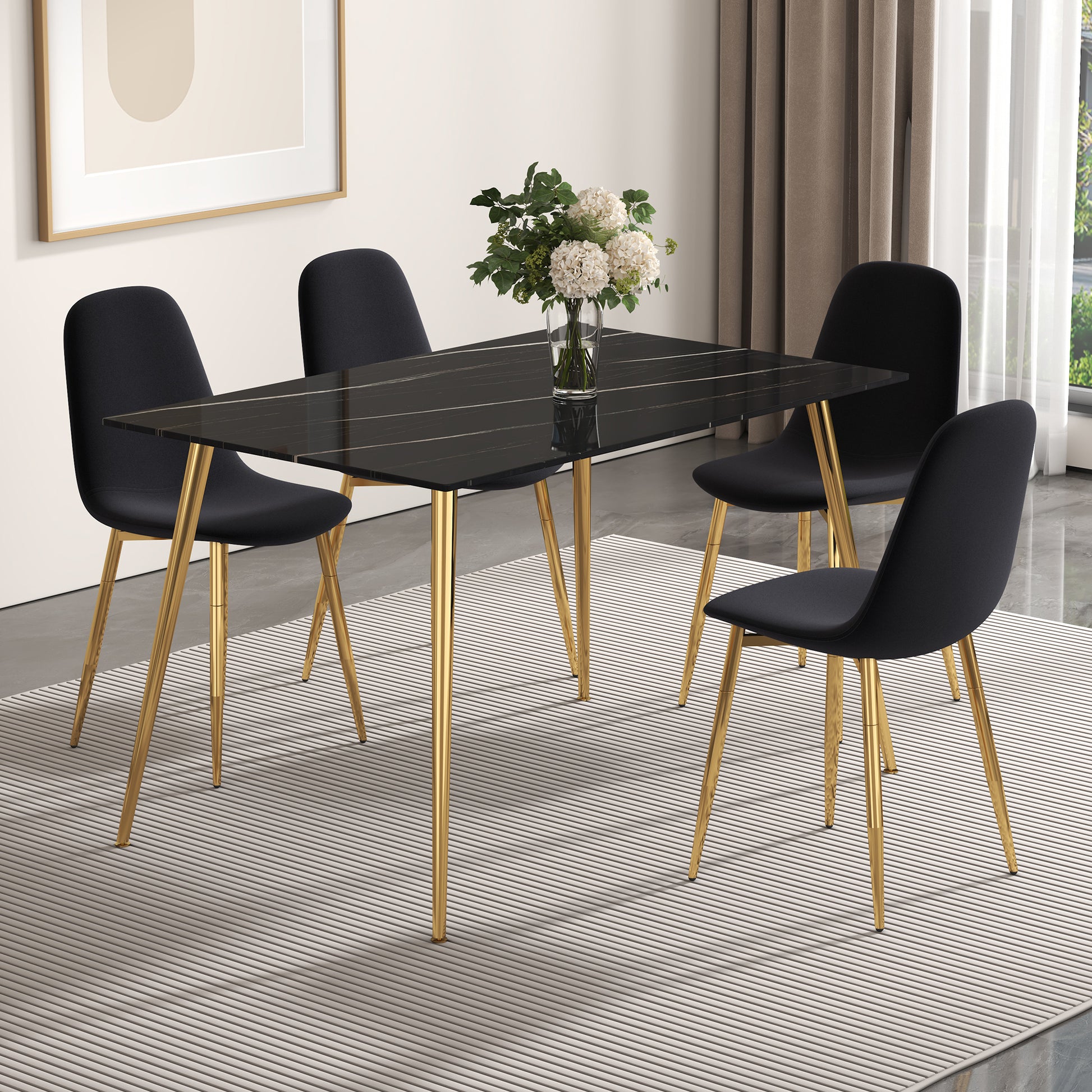 A Set Of 4 Dining Chairs And A Dining Table, Featuring Modern Medieval Style Restaurant Cushioned Side Chairs, Equipped With Soft Velvet Fabric Cushions And Spoon Shaped Golden Metal Legs. B0501A Black Velvet