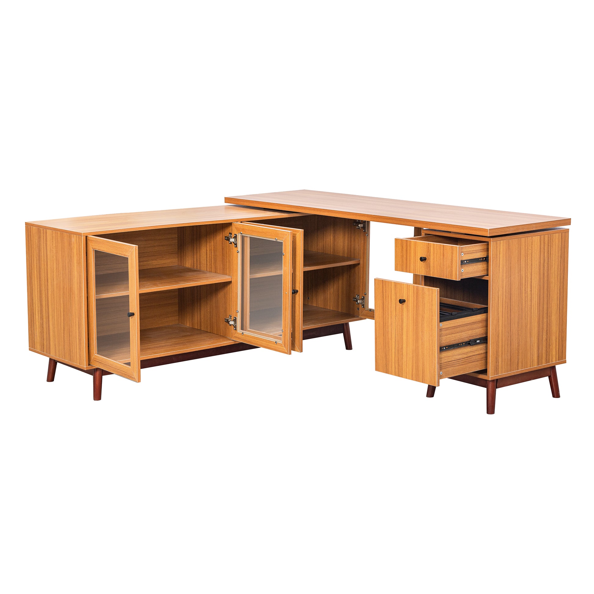 66.5" Modern L Shaped Executive Desk With Delicate Tempered Glass Cabinet Storage,Large Office Desk With Drawers,Business Furniture Desk Workstation For Home Office,Teak Teak Mdf