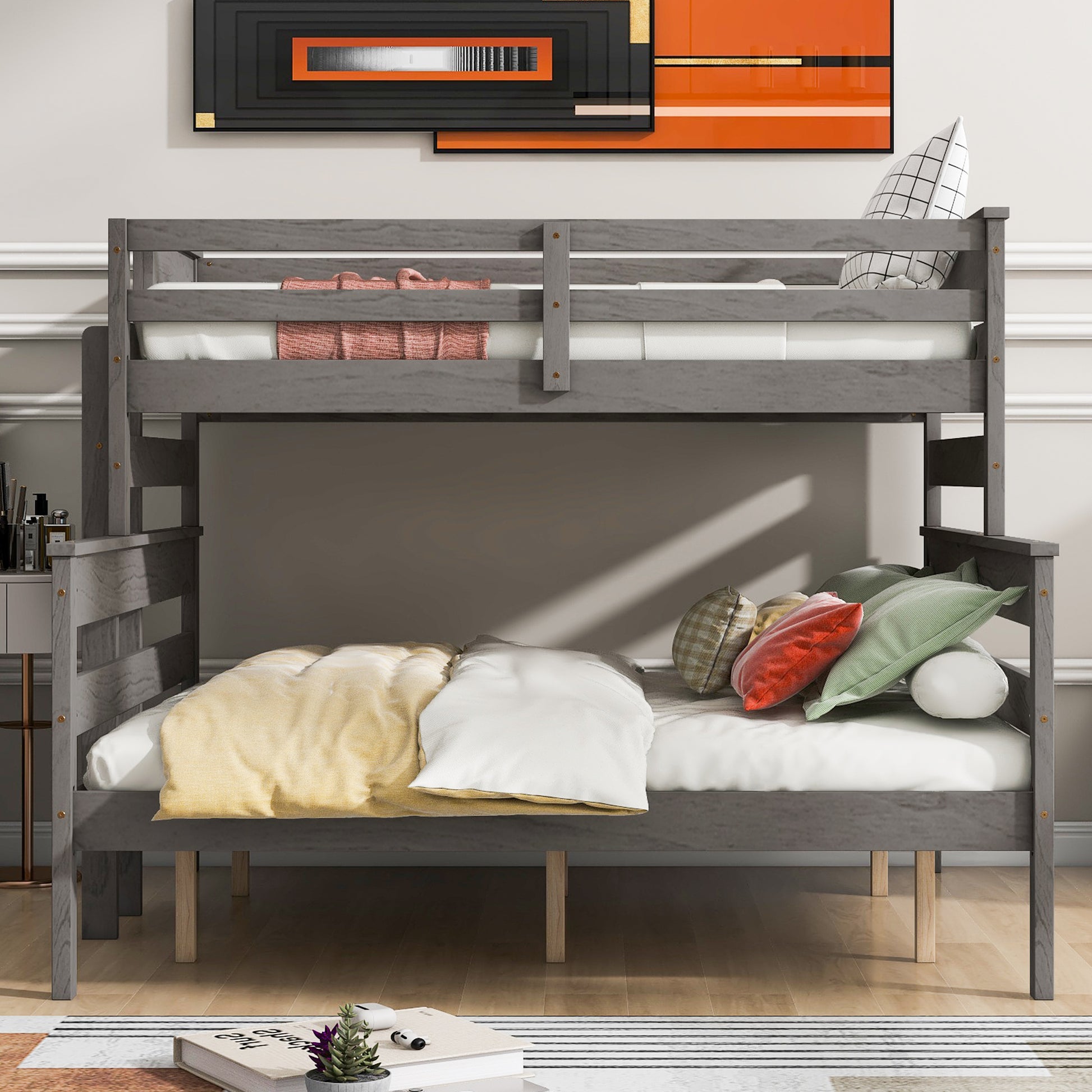 Wood Twin Xl Over Queen Bunk Bed With Ladder, Gray Twin Xl Box Spring Not Required Gray Wood Bedroom Bunk Solid Wood Mdf