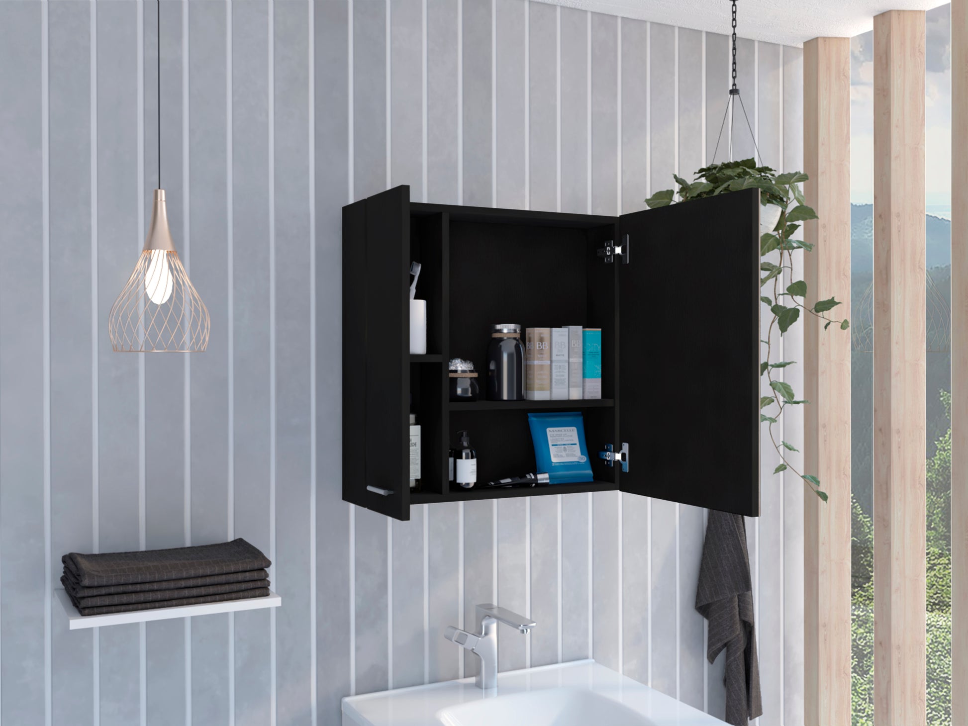 Kenya Medicine Cabinet, Mirror, Double Door, Four Interior Shelves Black Mdf Engineered Wood