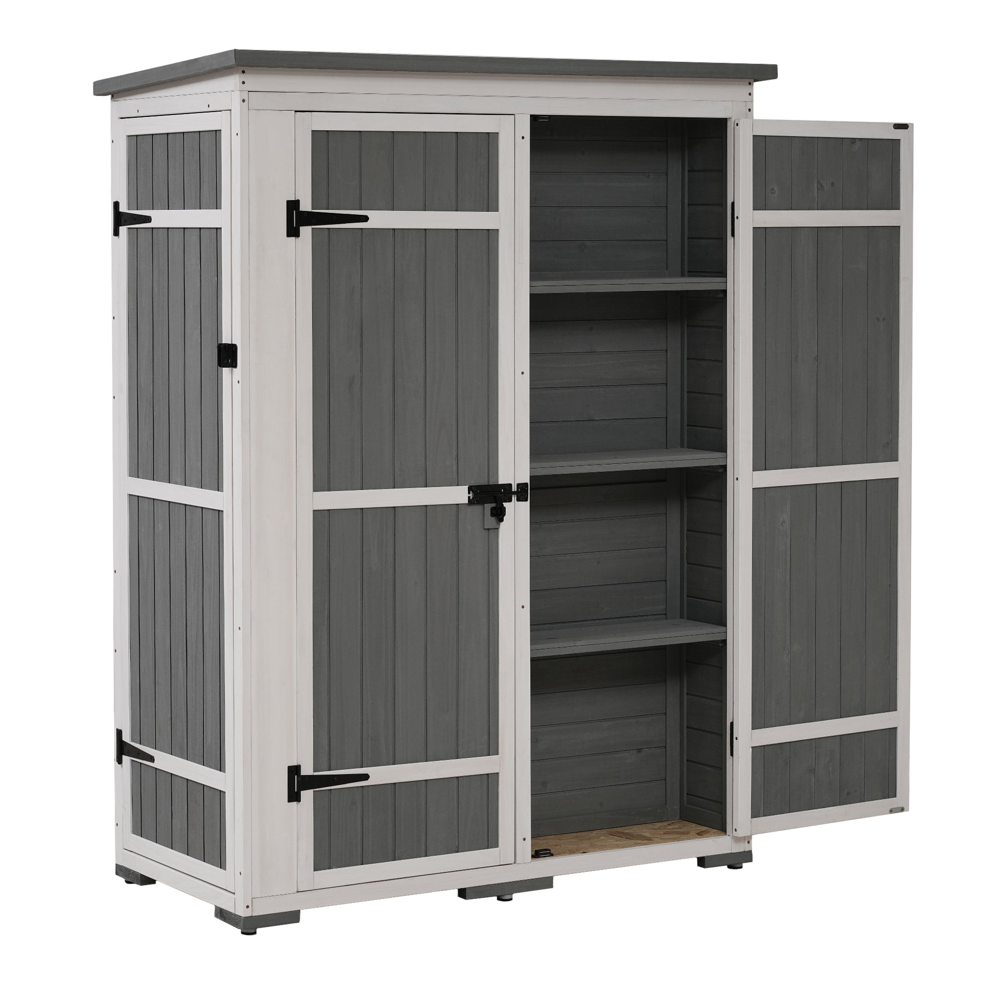 Outdoor 5.5Ft Hx4.1Ft L Wood Storage Shed, Garden Tool Cabinet With Waterproof Asphalt Roof, Four Lockable Doors, Multiple Tier Shelves, White And Gray White Gray Water Resistant Frame Garden &