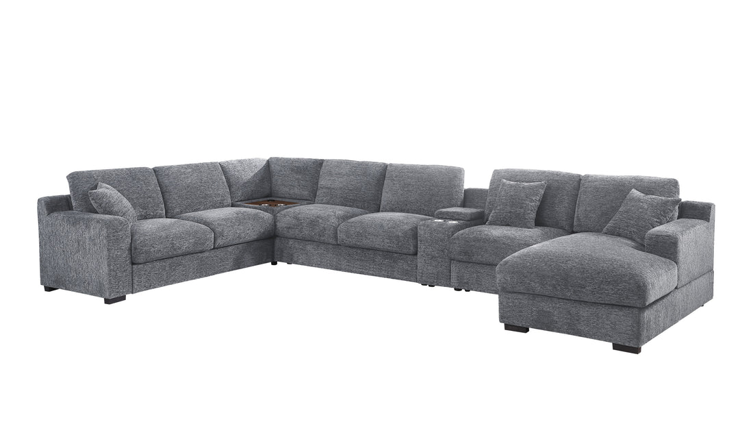 Celine 141.5" Light Gray Chenille Fabric Corner Sectional Sofa With Right Facing Chaise, Cupholders, And Charging Ports Light Gray Chenille