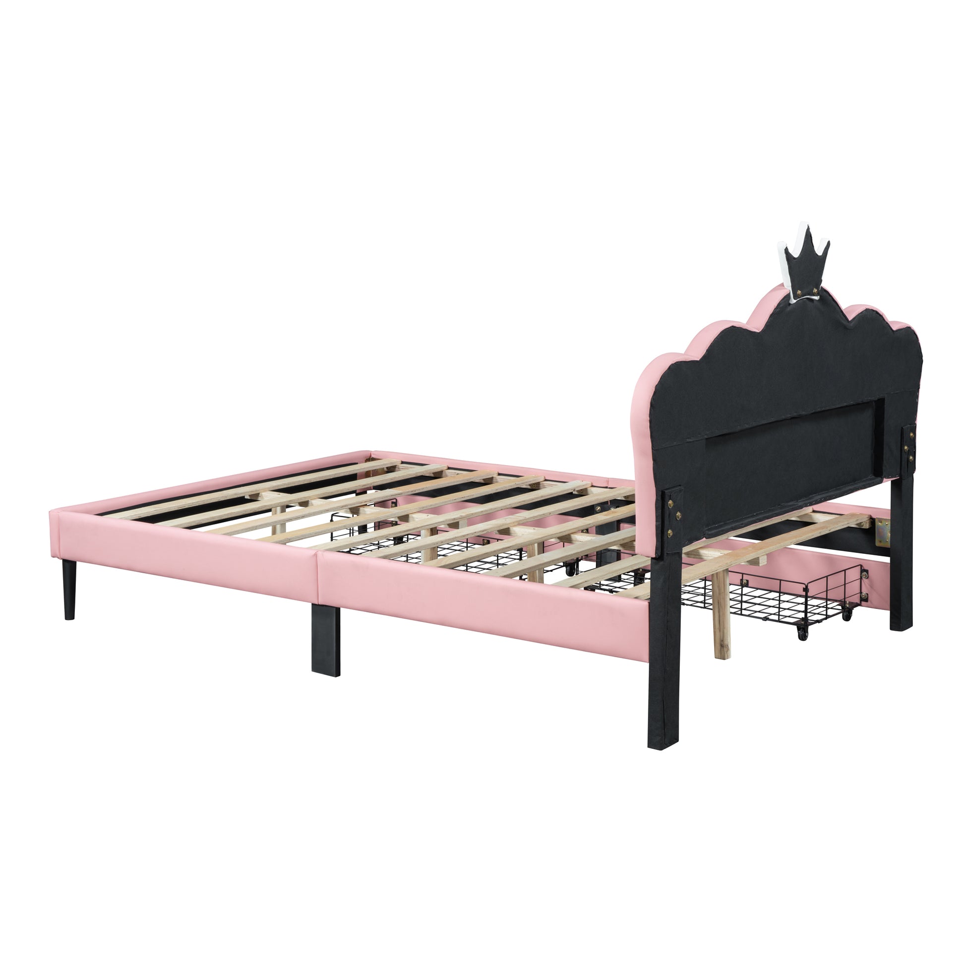 Full Size Princess Bed With Crown Headboard And 2 Drawers, Full Size Platform Bed With Headboard And Footboard,White Pink Pink Pu