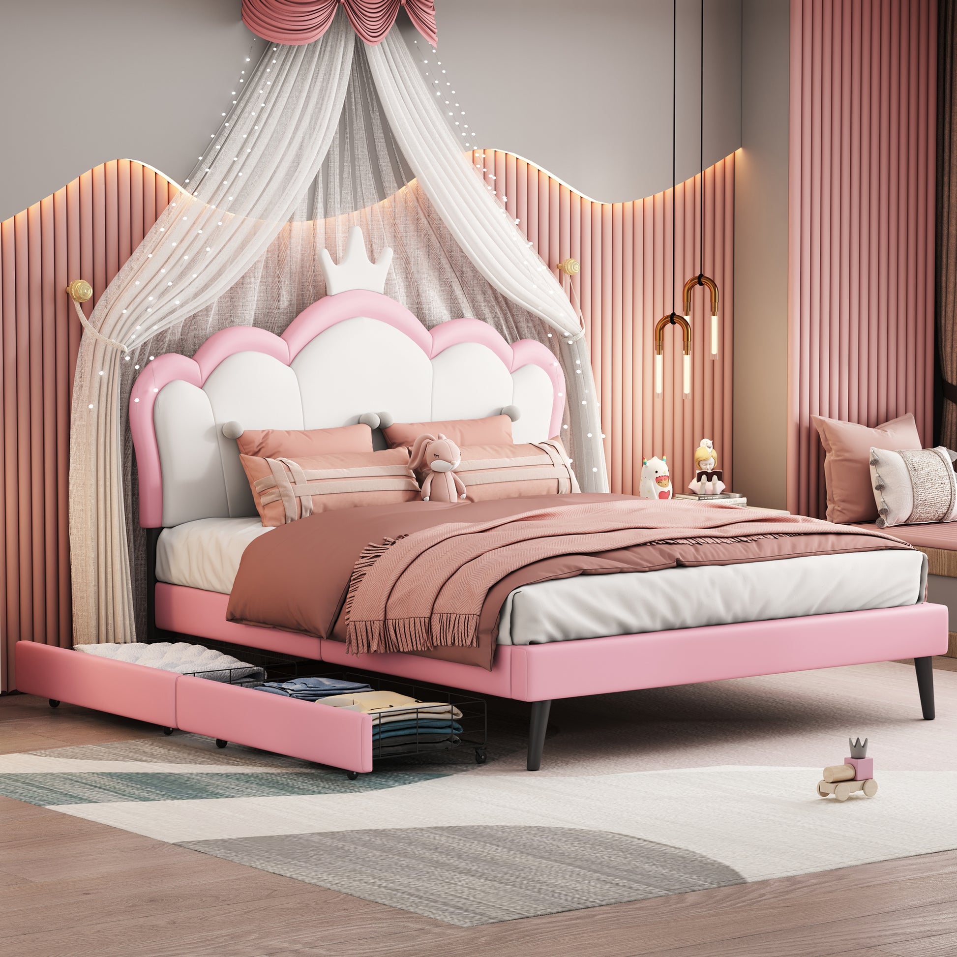 Full Size Princess Bed With Crown Headboard And 2 Drawers, Full Size Platform Bed With Headboard And Footboard,White Pink Pink Pu