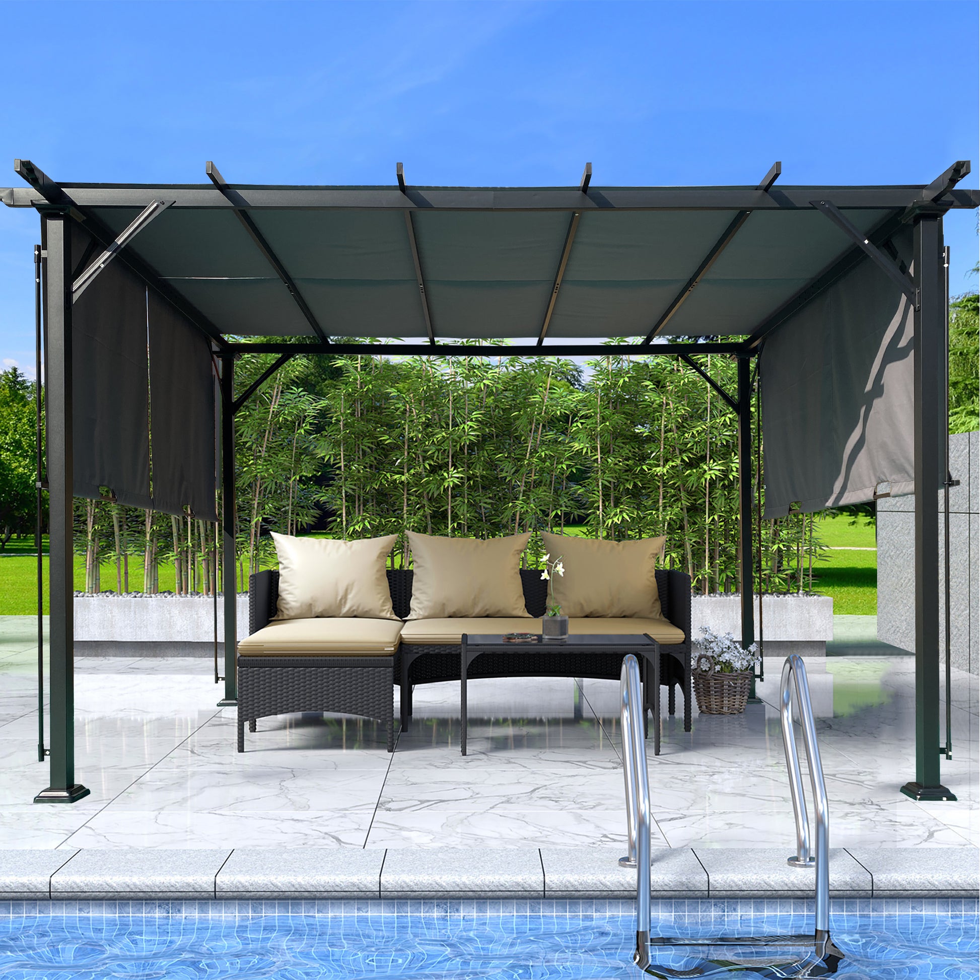 9.5 X 12 Ft Outdoor Pergola Patio Gazebo,Retractable Shade Canopy,Steel Frame Grape Gazebo,Sunshelter Pergola For Gardens,Terraces,Backyard Grey Grey Steel