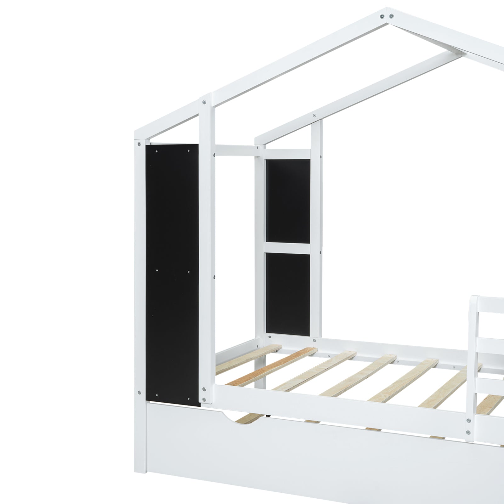 Twin Size Wood House Bed With Fence And Writing Board, White White Solid Wood