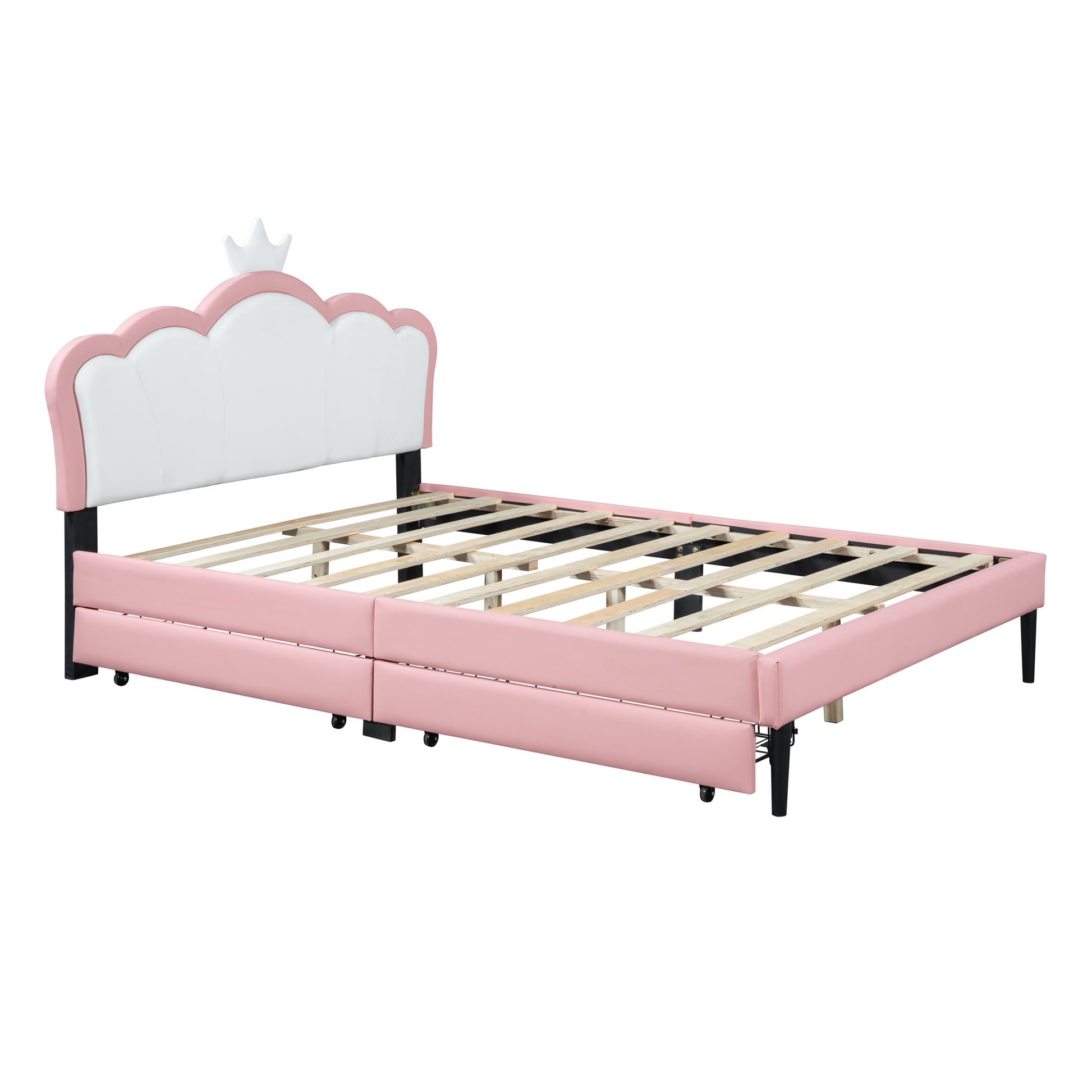 Full Size Princess Bed With Crown Headboard And 2 Drawers, Full Size Platform Bed With Headboard And Footboard,White Pink Pink Pu