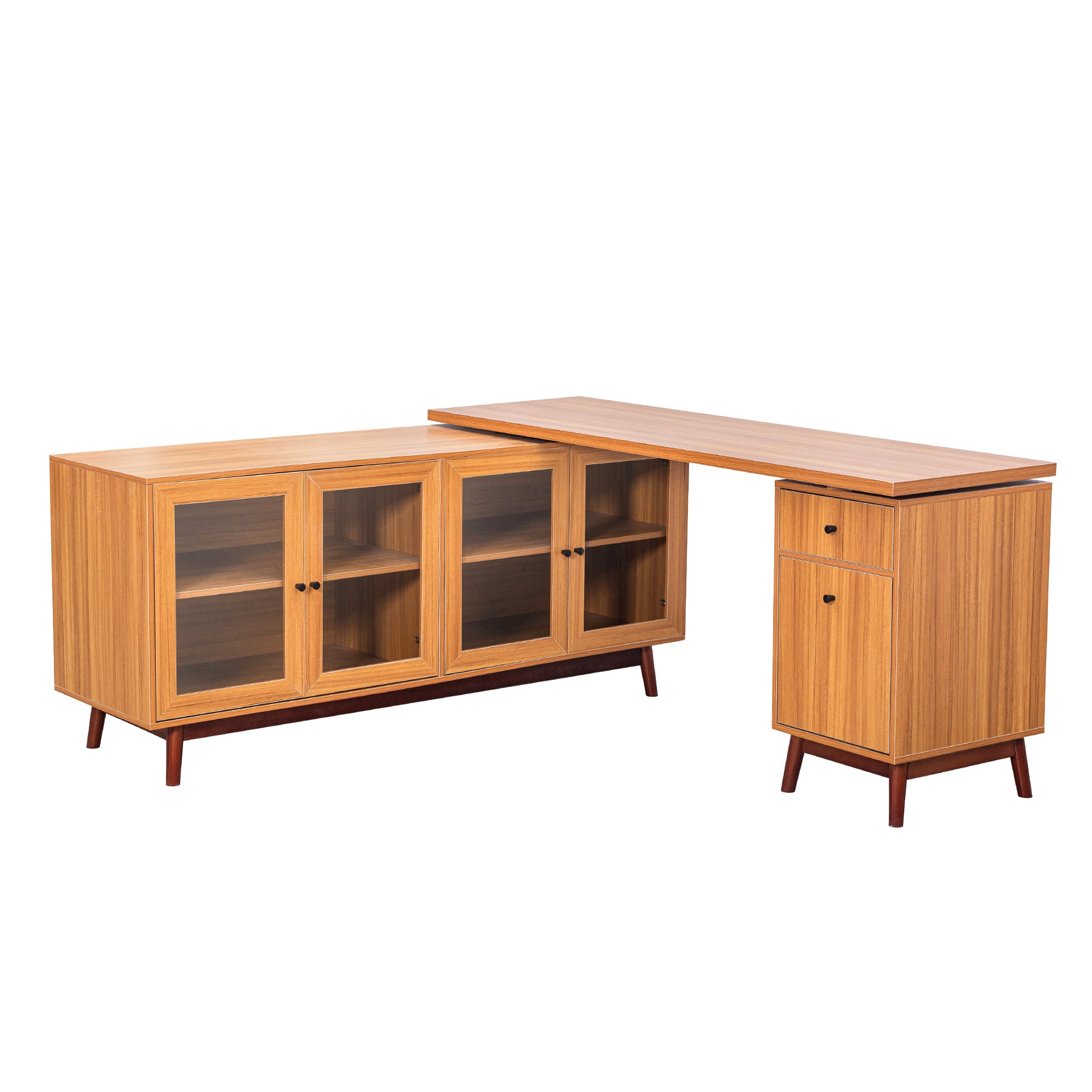 66.5" Modern L Shaped Executive Desk With Delicate Tempered Glass Cabinet Storage,Large Office Desk With Drawers,Business Furniture Desk Workstation For Home Office,Teak Teak Mdf