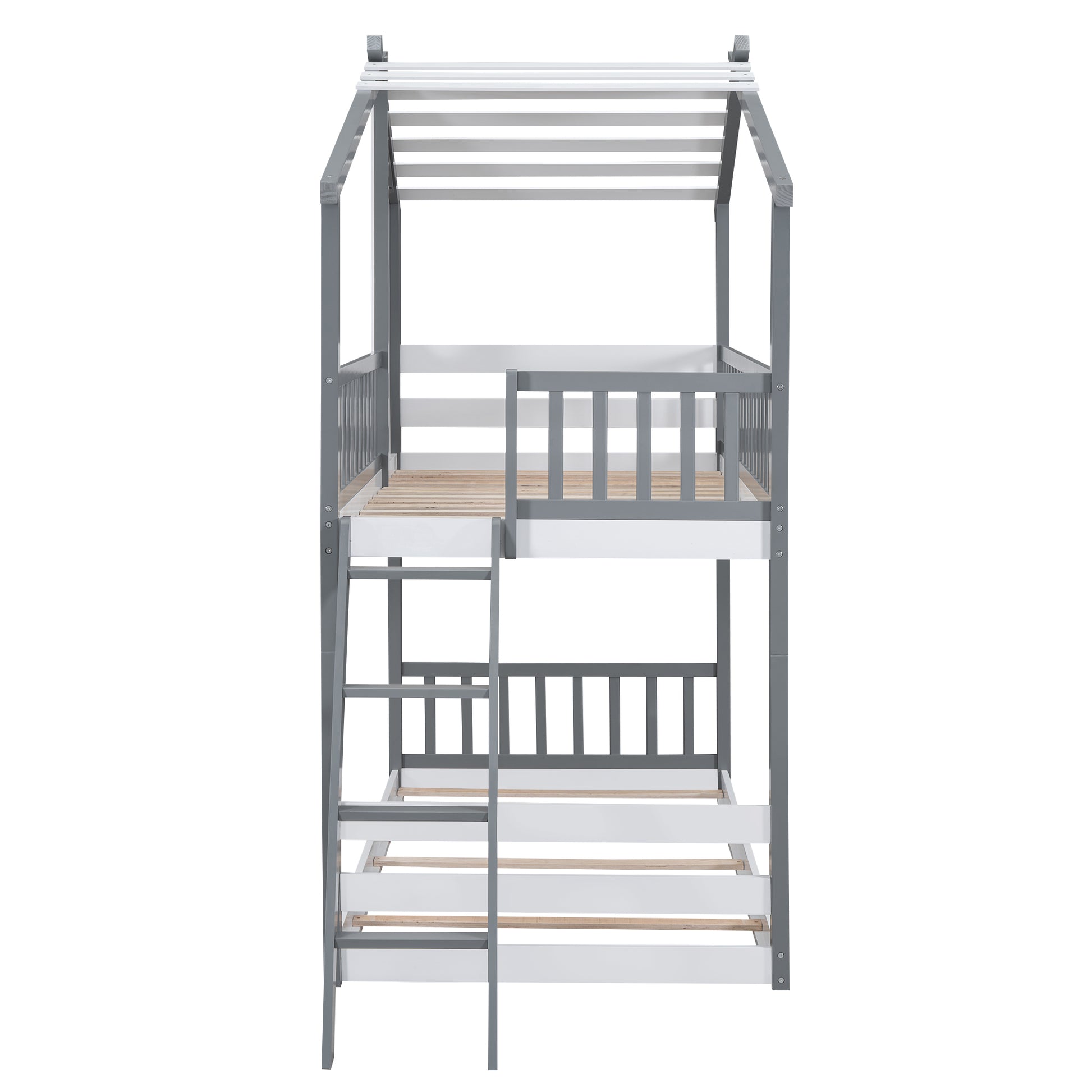 Twin Over Twin Bunk Bed Wood Bed With Roof, Window, Ladder,Gray Old Sku :Lt100008Aae Twin Gray Solid Wood