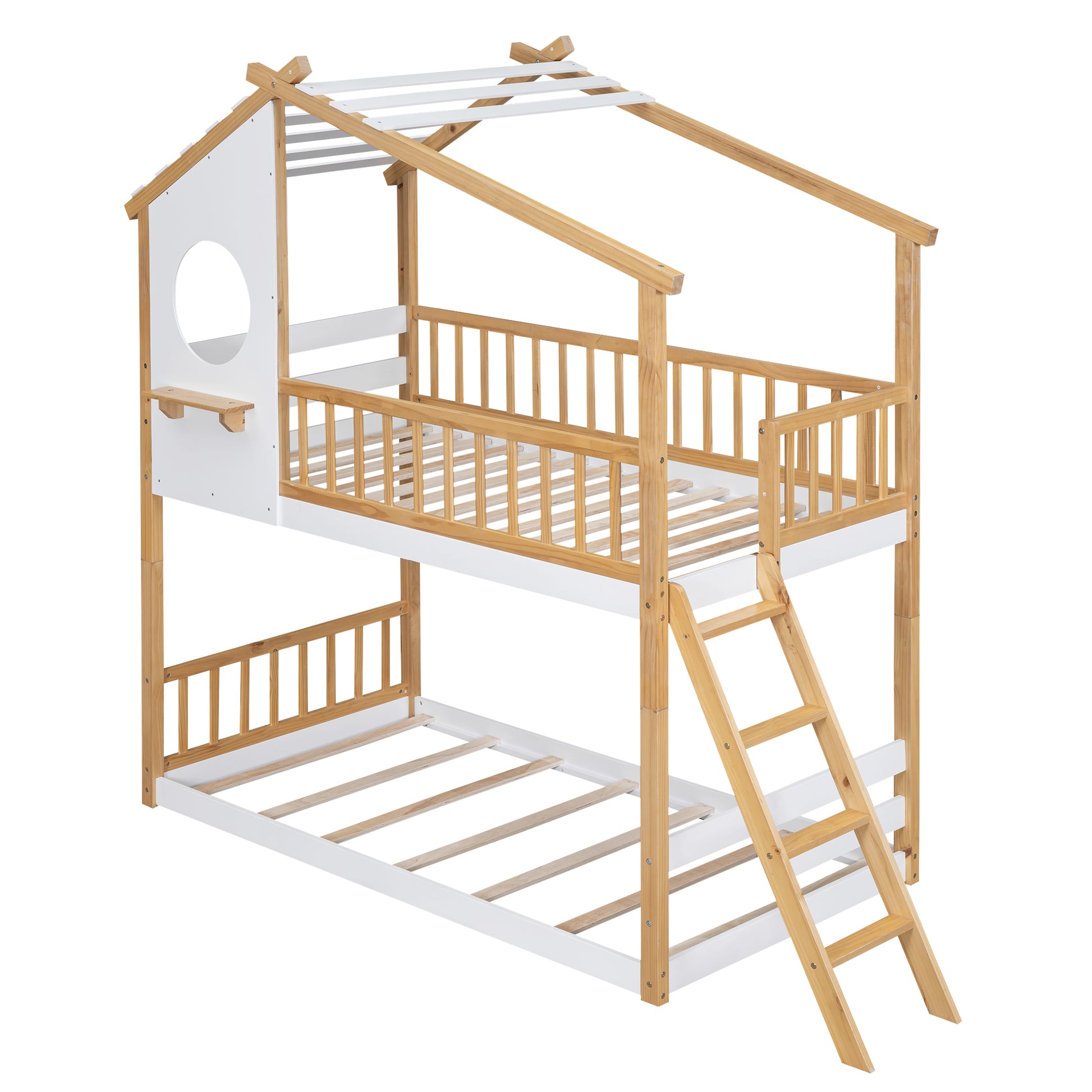 Twin Over Twin Bunk Bed Wood Bed With Roof, Window, Ladder,Natural Old Sku :Lt100008Aad Twin Natural Solid Wood