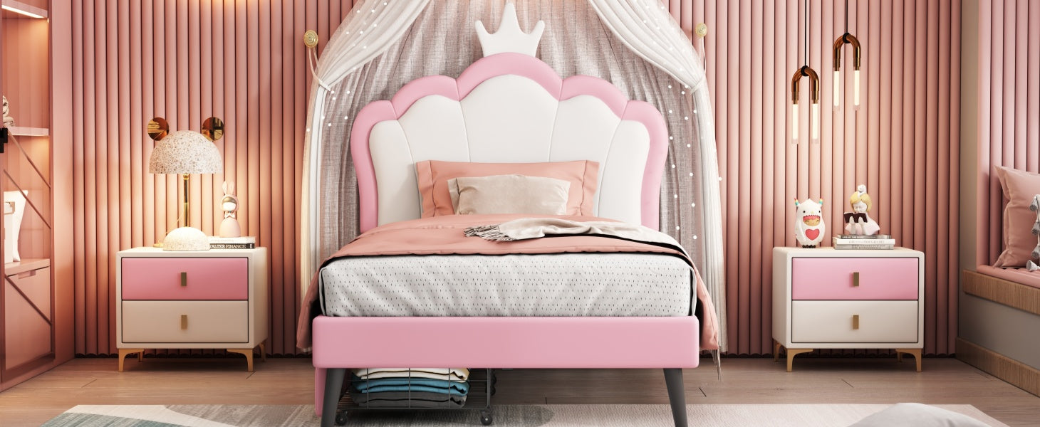 Twin Size Upholstered Princess Bed With Crown Headboard And 2 Drawers,Twin Size Platform Bed With Headboard And Footboard,White Pink Twin Pink Pu