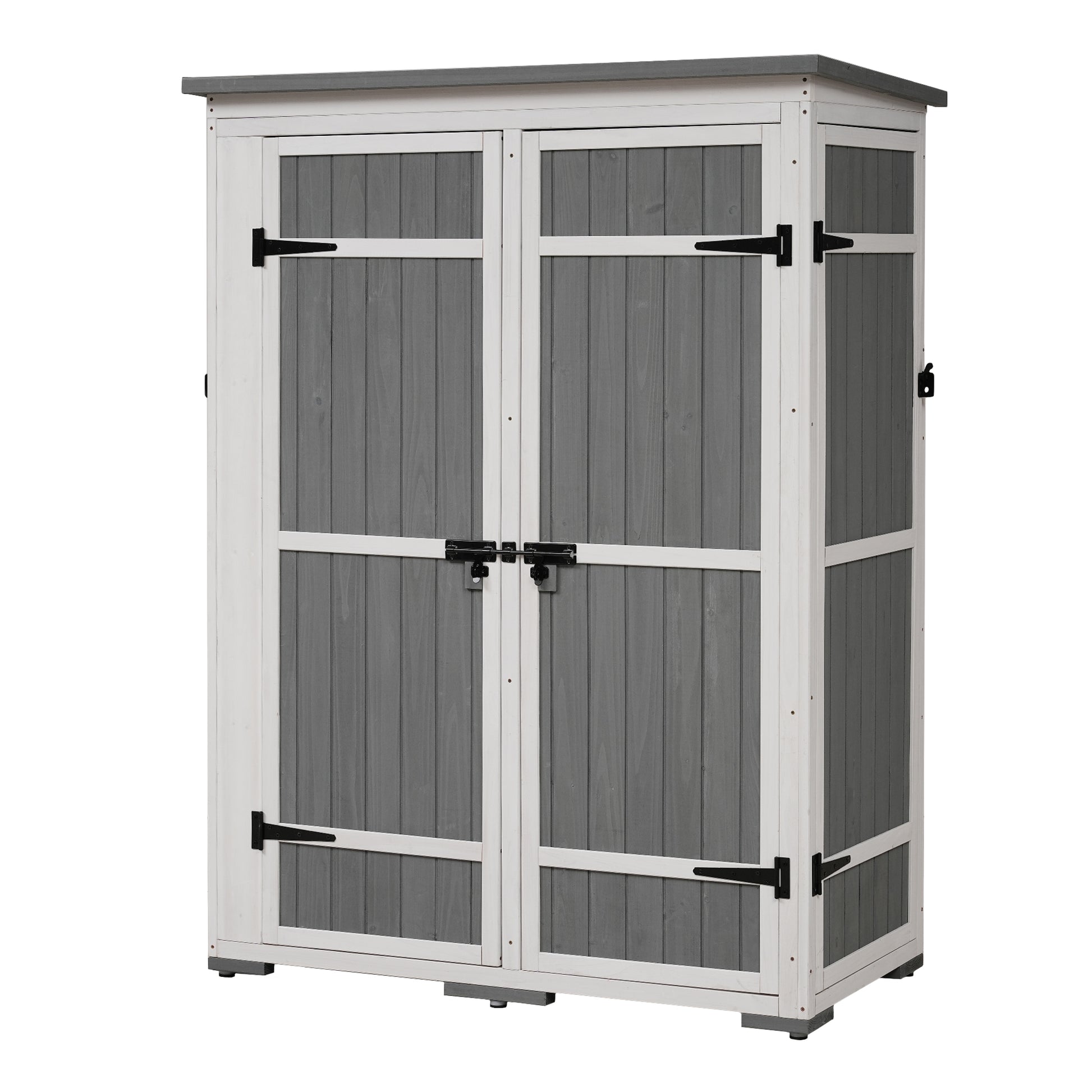 Outdoor 5.5Ft Hx4.1Ft L Wood Storage Shed, Garden Tool Cabinet With Waterproof Asphalt Roof, Four Lockable Doors, Multiple Tier Shelves, White And Gray White Gray Water Resistant Frame Garden &