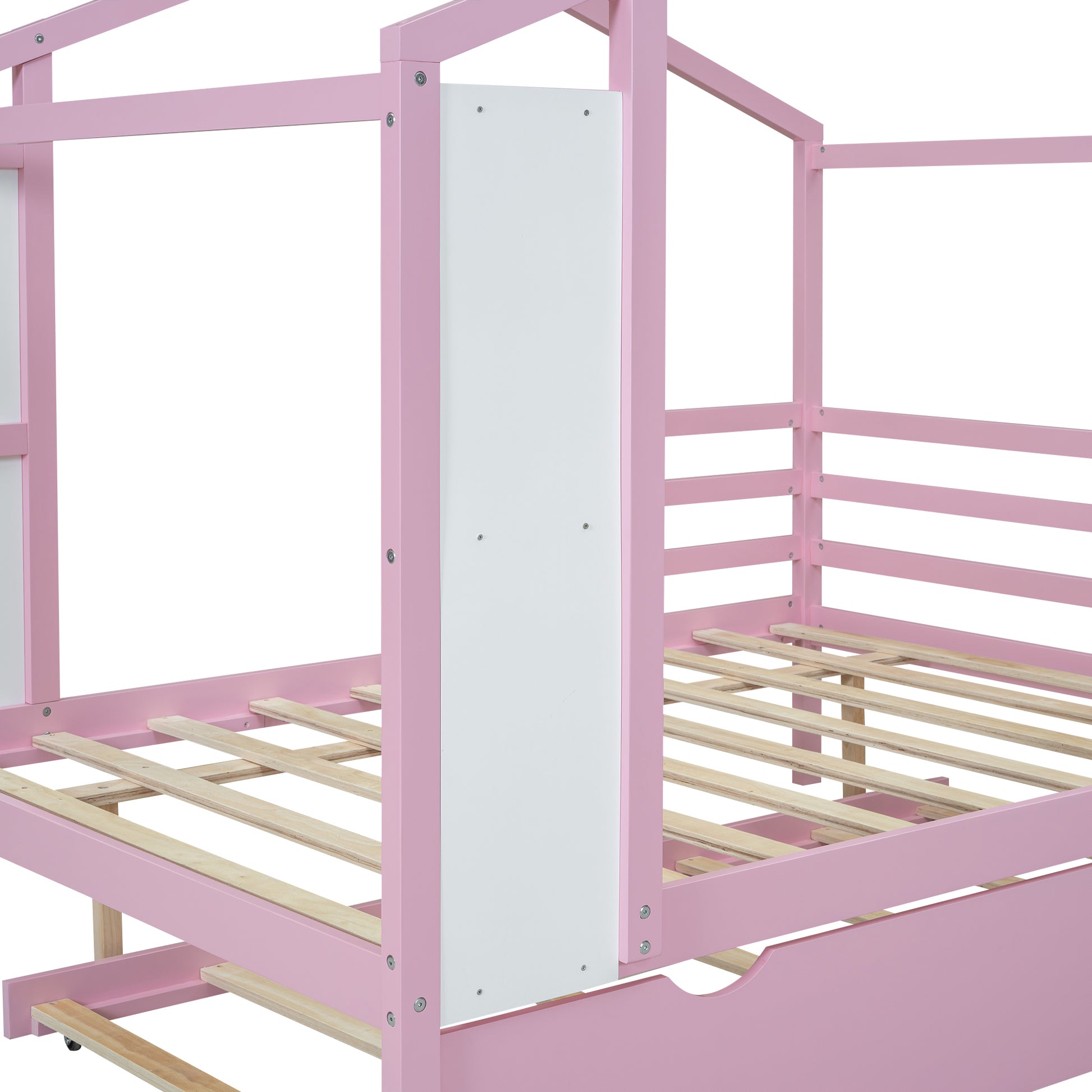 Full Size Wood House Bed With Fence And Writing Board, Pink Pink Solid Wood
