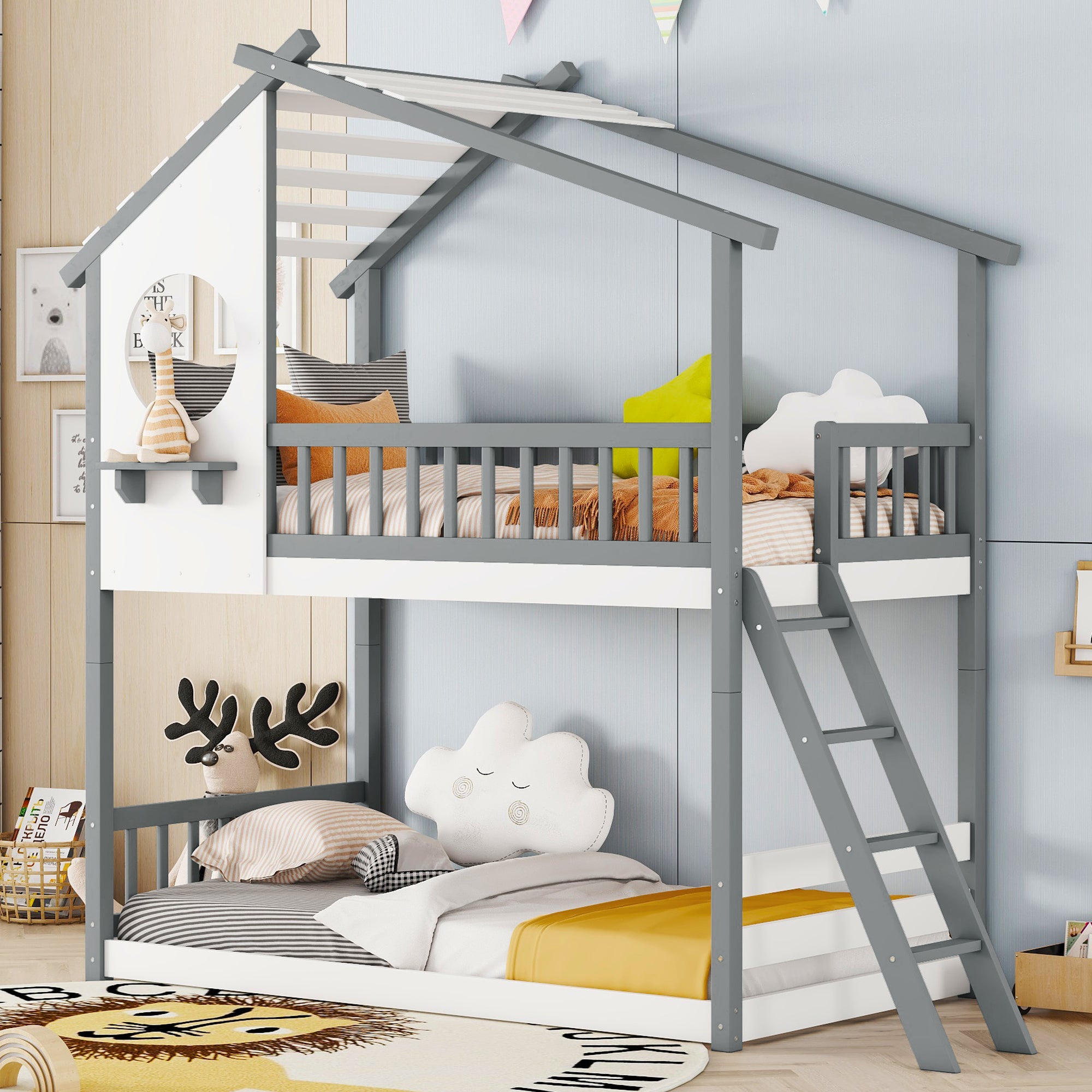 Twin Over Twin Bunk Bed Wood Bed With Roof, Window, Ladder,Gray Old Sku :Lt100008Aae Twin Gray Solid Wood