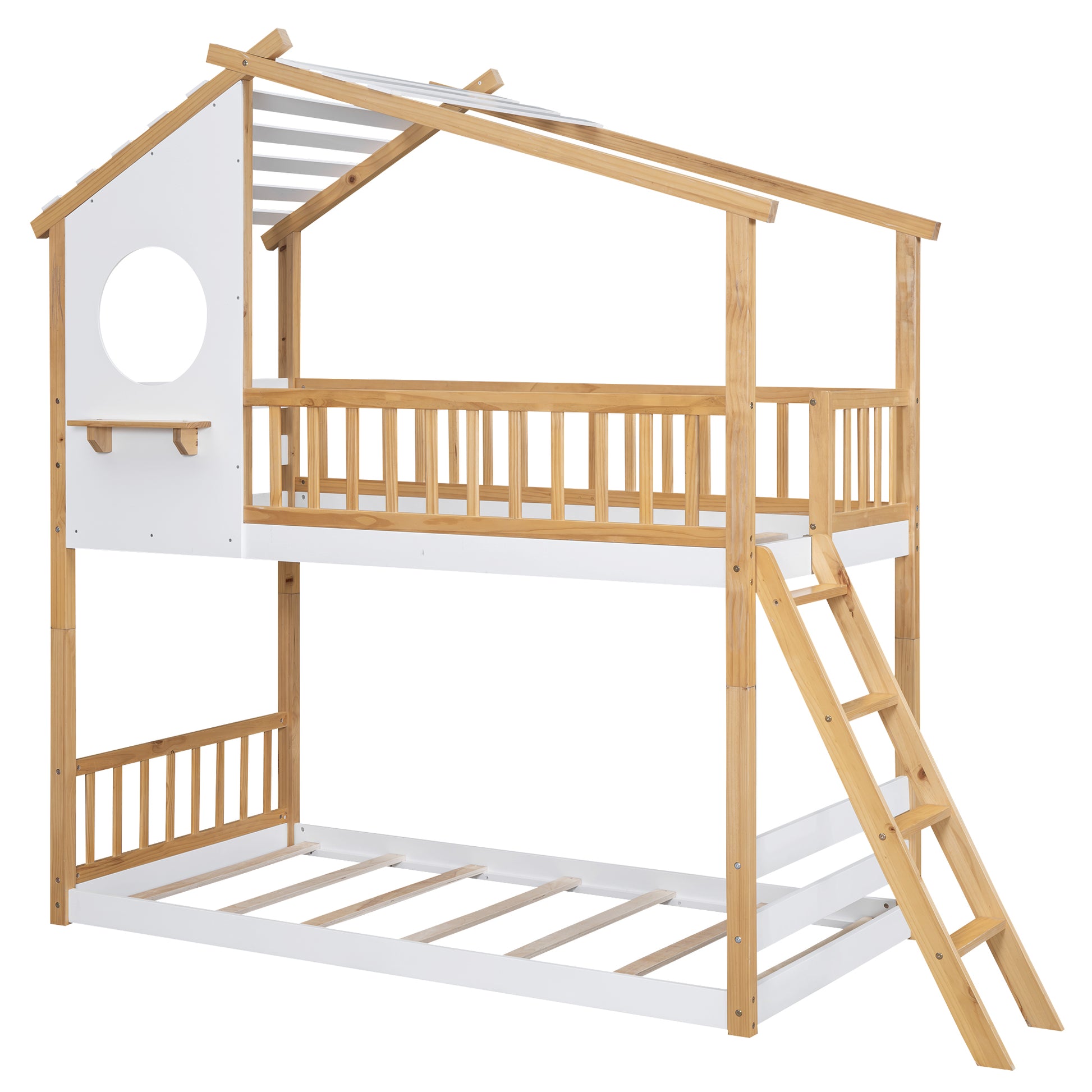 Twin Over Twin Bunk Bed Wood Bed With Roof, Window, Ladder,Natural Old Sku :Lt100008Aad Twin Natural Solid Wood