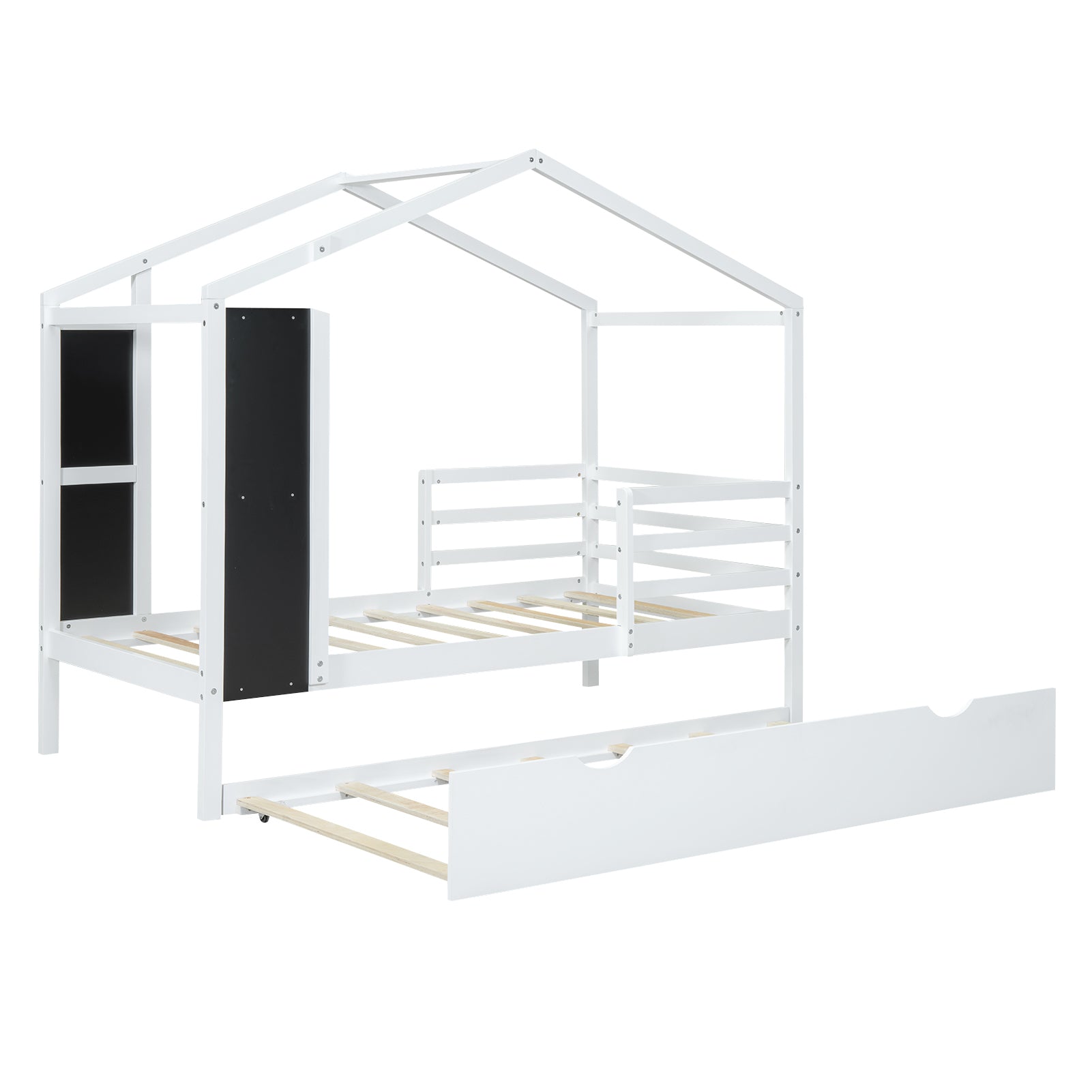 Twin Size Wood House Bed With Fence And Writing Board, White White Solid Wood