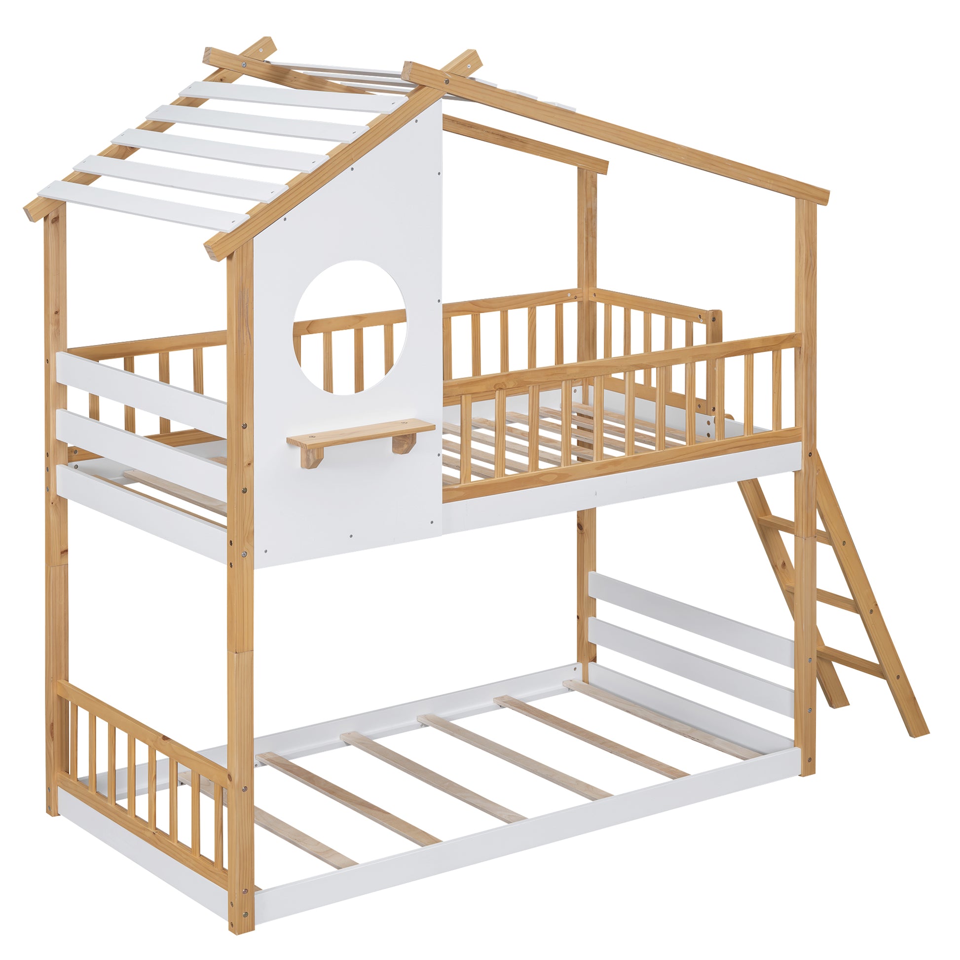 Twin Over Twin Bunk Bed Wood Bed With Roof, Window, Ladder,Natural Old Sku :Lt100008Aad Twin Natural Solid Wood