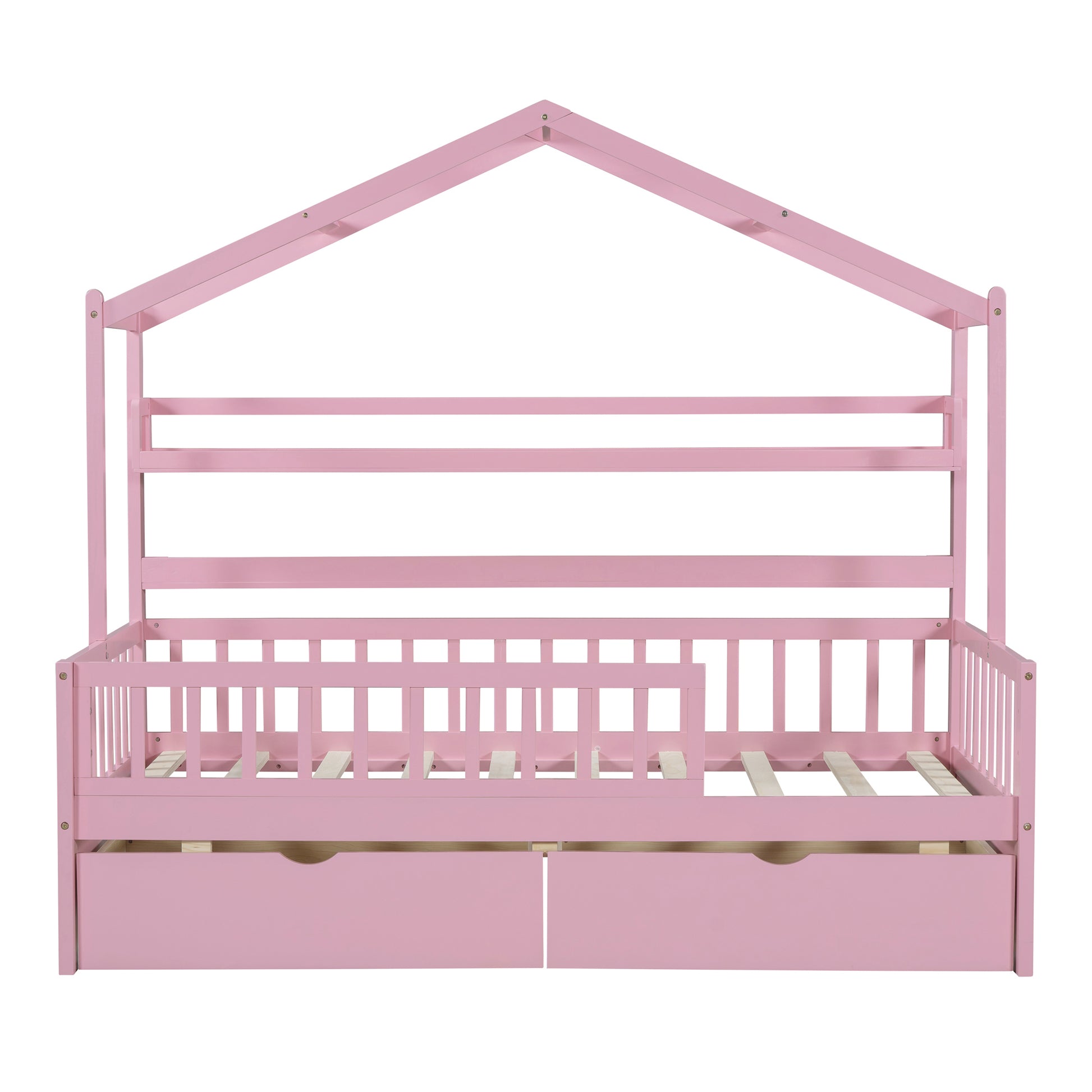 Wooden Twin Size House Bed With 2 Drawers,Kids Bed With Storage Shelf, Pink Pink Wood