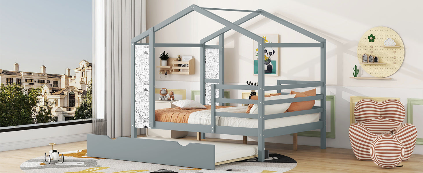 Full Size Wood House Bed With Fence And Writing Board, Gray Gray Solid Wood