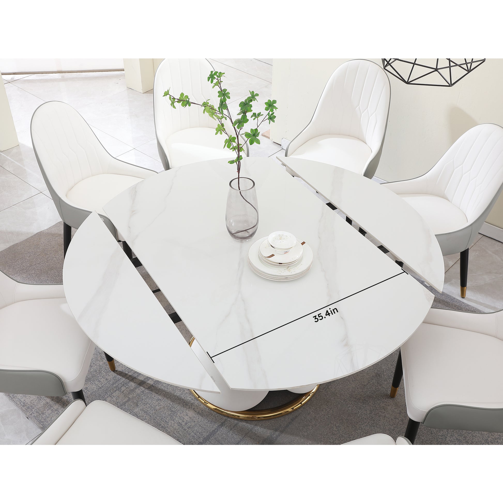 Fashion Modern Sinntered Stone Dining Table With Simple And Multi Functional Retractable Dining Table With 6 Pcs Chairs Beige White Engineered Stone