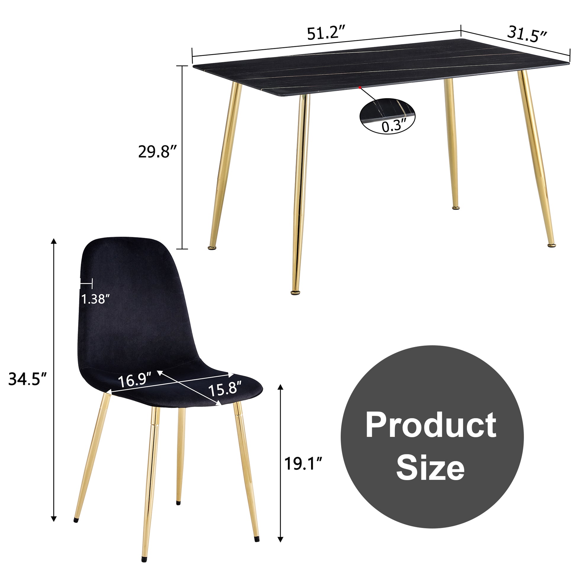 A Set Of 4 Dining Chairs And A Dining Table, Featuring Modern Medieval Style Restaurant Cushioned Side Chairs, Equipped With Soft Velvet Fabric Cushions And Spoon Shaped Golden Metal Legs. B0501A Black Velvet