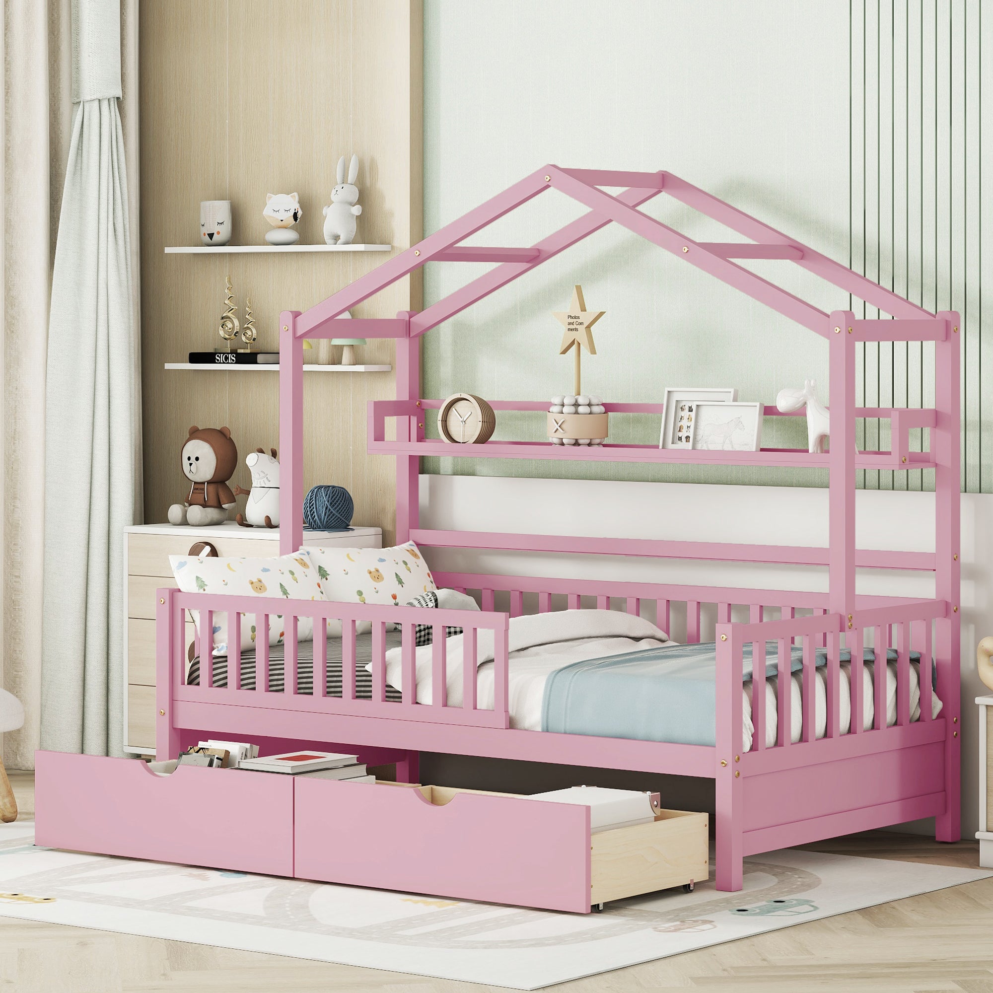 Wooden Twin Size House Bed With 2 Drawers,Kids Bed With Storage Shelf, Pink Pink Wood