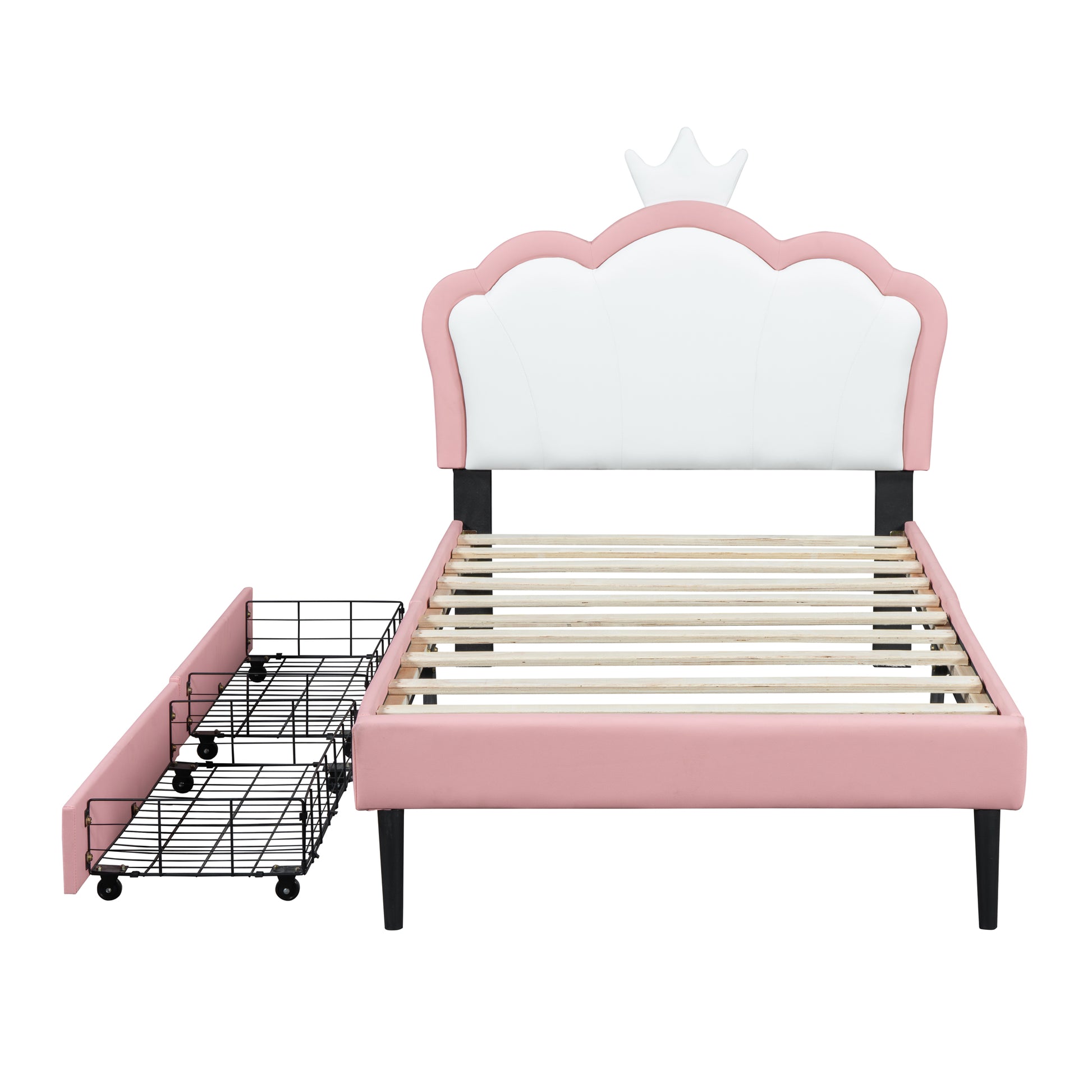 Twin Size Upholstered Princess Bed With Crown Headboard And 2 Drawers,Twin Size Platform Bed With Headboard And Footboard,White Pink Twin Pink Pu