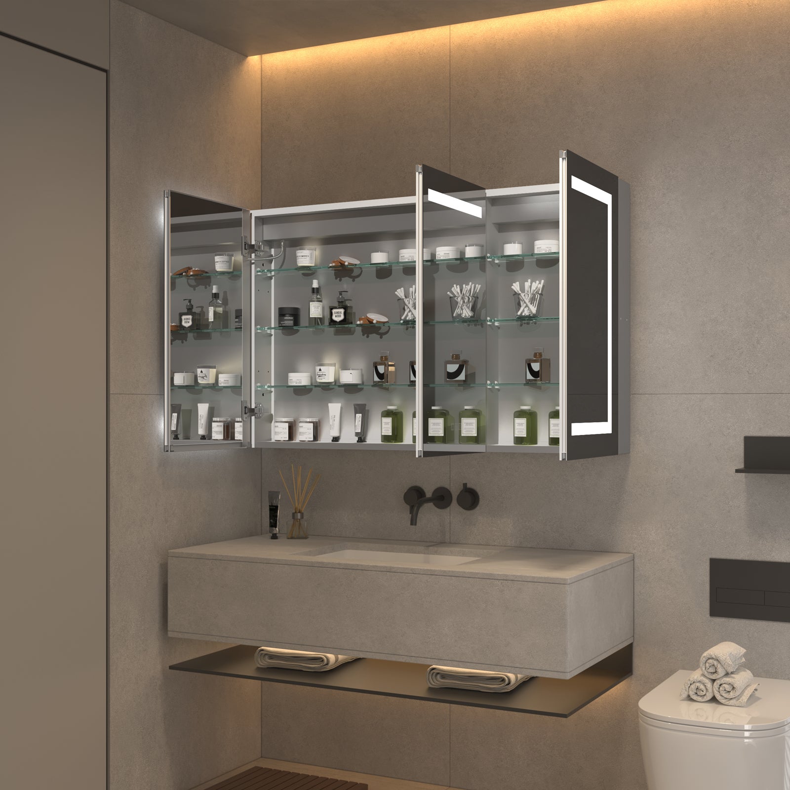 Lighted Medicine Cabinet 48 X30 Inch, Recessed Or Surface Led Medicine Cabinet,Defog,Stepless Dimming,3000K 6400K, Outlets & Usbs,The 3 Sided Mirrored Door. Silver Aluminium