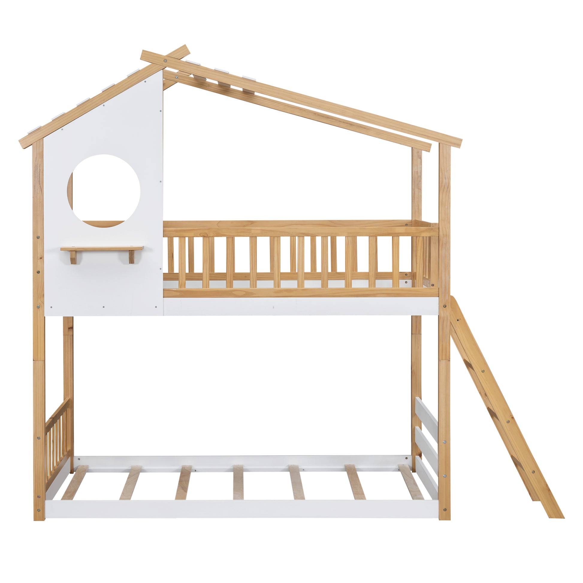 Twin Over Twin Bunk Bed Wood Bed With Roof, Window, Ladder,Natural Old Sku :Lt100008Aad Twin Natural Solid Wood