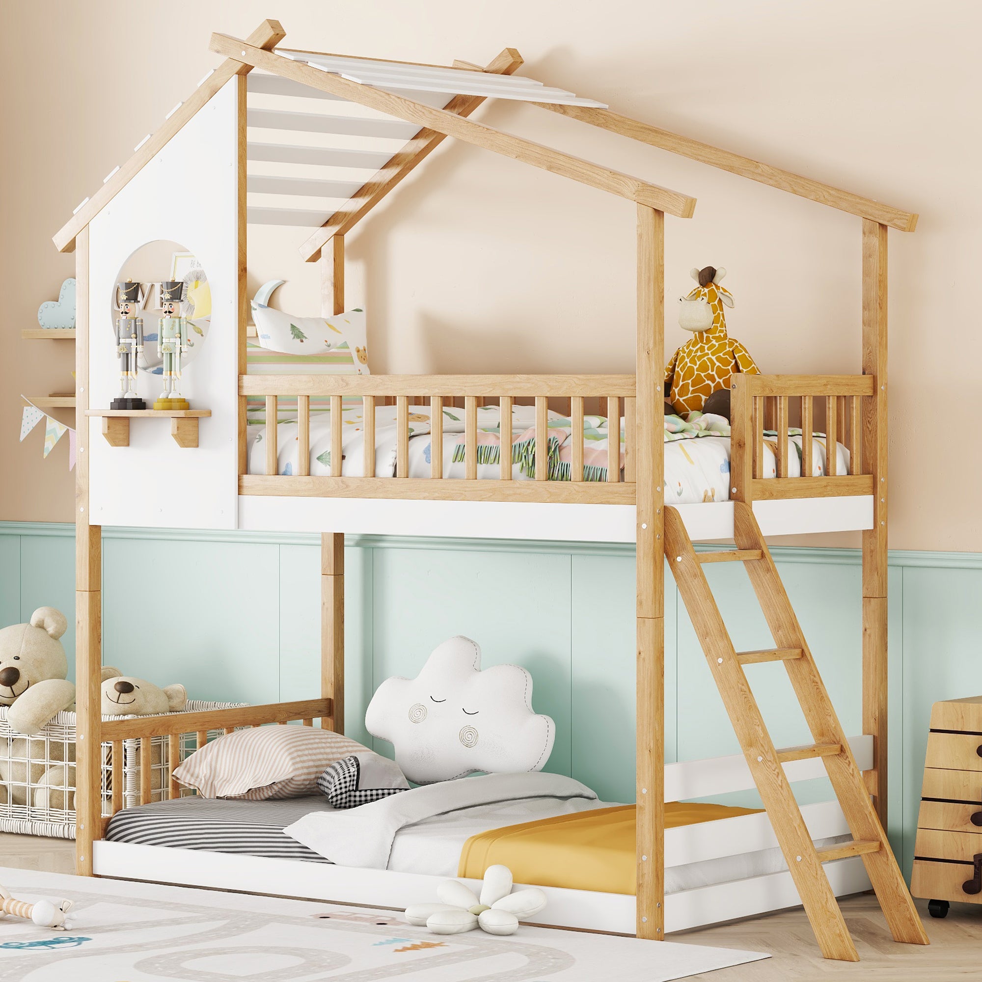 Twin Over Twin Bunk Bed Wood Bed With Roof, Window, Ladder,Natural Old Sku :Lt100008Aad Twin Natural Solid Wood