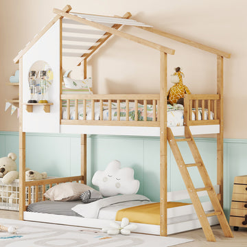 Twin Over Twin Bunk Bed Wood Bed With Roof, Window, Ladder,Natural Old Sku :Lt100008Aad Twin Natural Solid Wood