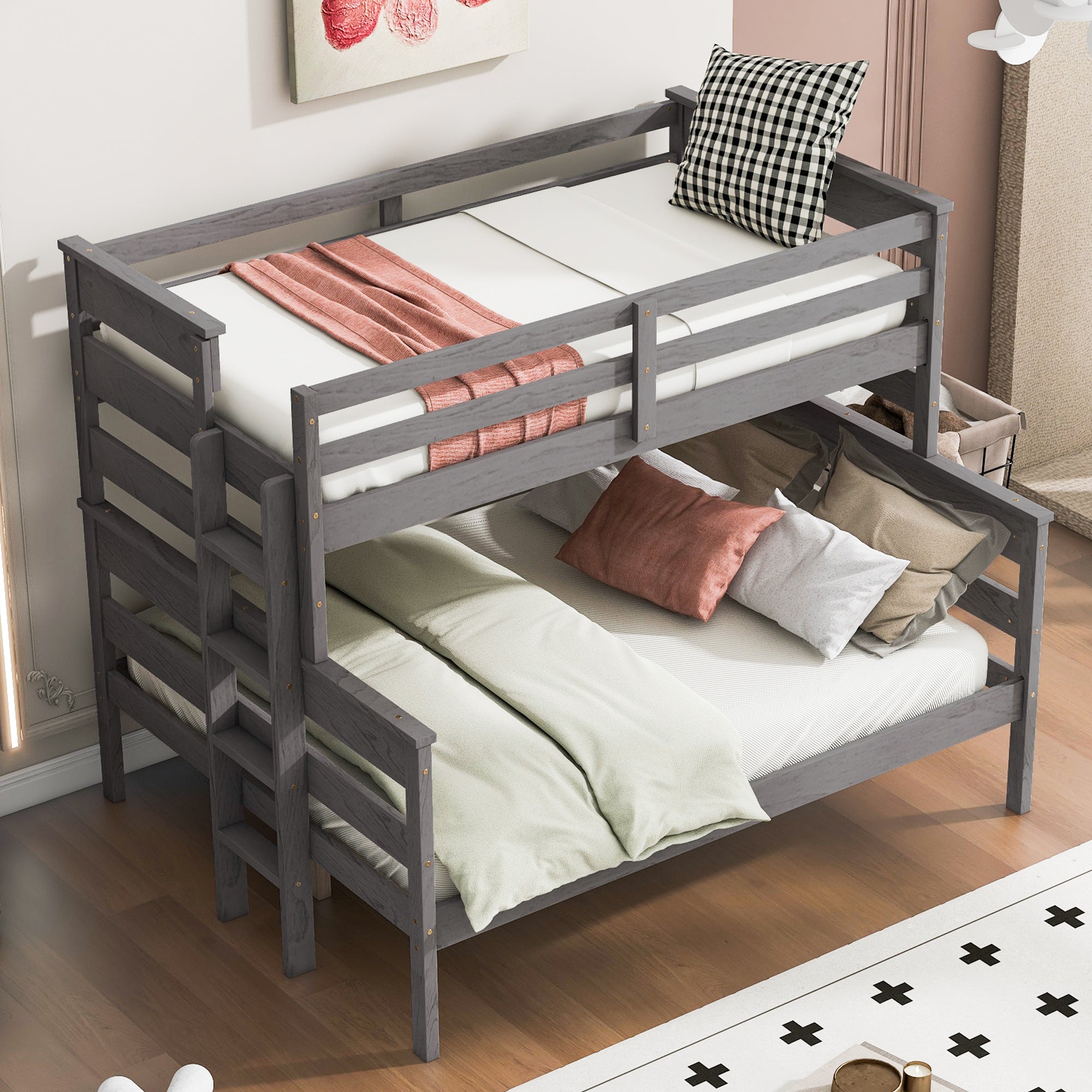 Wood Twin Over Full Bunk Bed With Ladder, Gray Twin Box Spring Not Required Gray Solid Wood Mdf