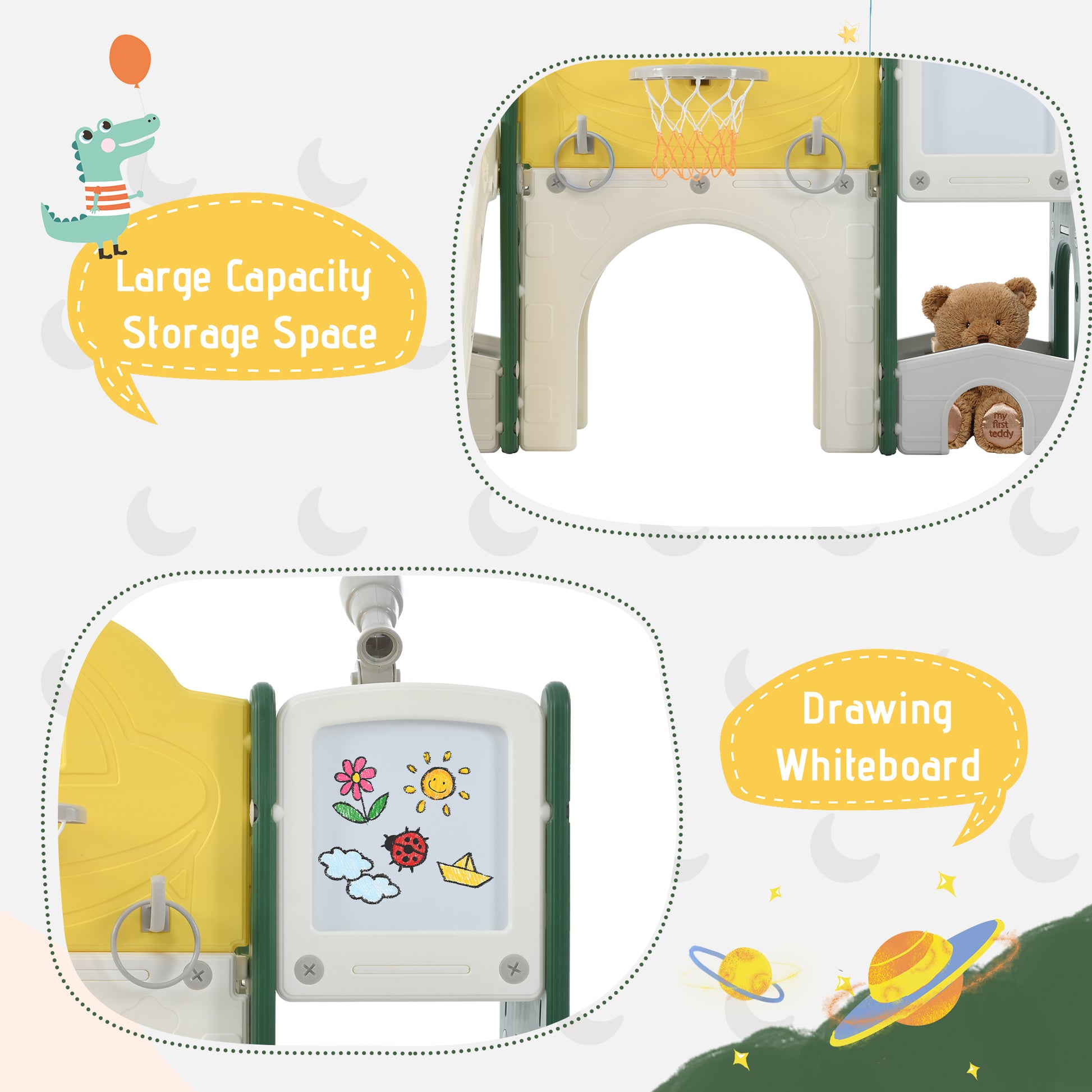 Kids Slide Playset Structure 9 In 1, Freestanding Space Set With Slide, Arch Tunnel, Ring Toss, Drawing Whiteboardl And Basketball Hoop For Toddlers, Kids Climbers Playground Yellow Hdpe Indoor & Outdoor Use