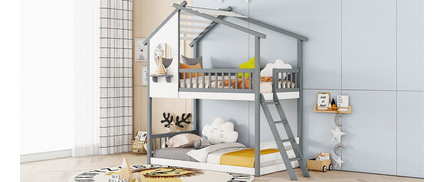 Twin Over Twin Bunk Bed Wood Bed With Roof, Window, Ladder,Gray Old Sku :Lt100008Aae Twin Gray Solid Wood