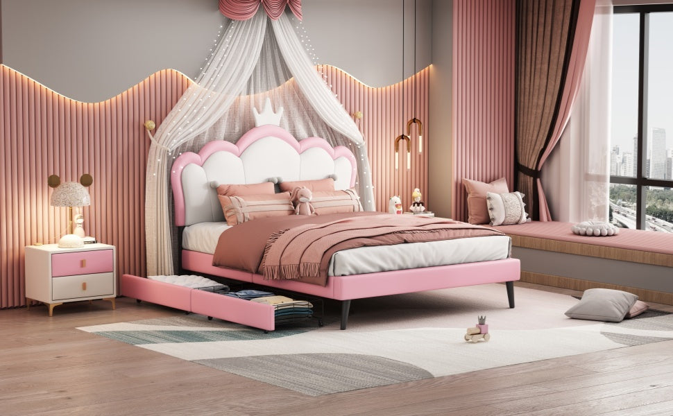 Full Size Princess Bed With Crown Headboard And 2 Drawers, Full Size Platform Bed With Headboard And Footboard,White Pink Pink Pu