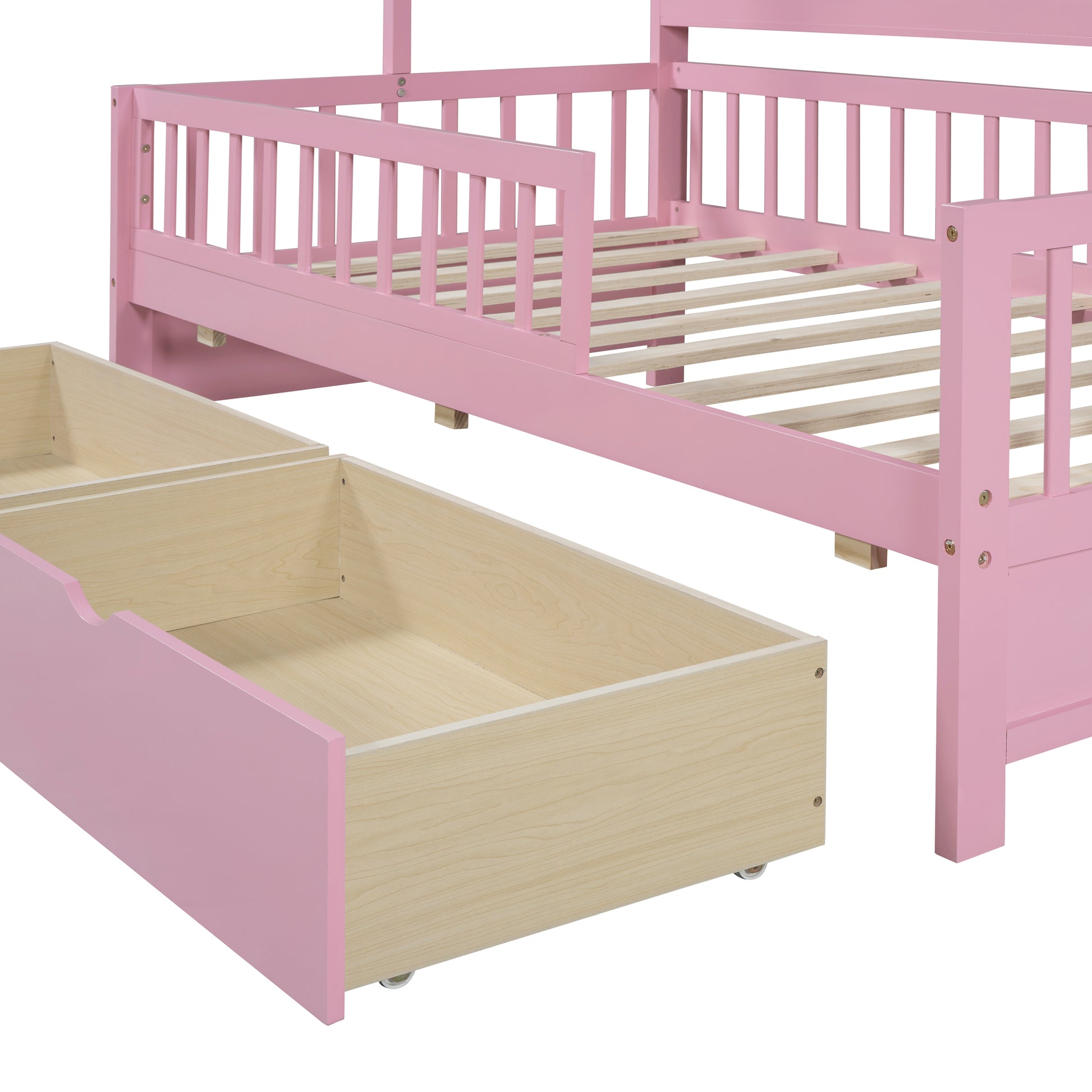 Wooden Twin Size House Bed With 2 Drawers,Kids Bed With Storage Shelf, Pink Pink Wood